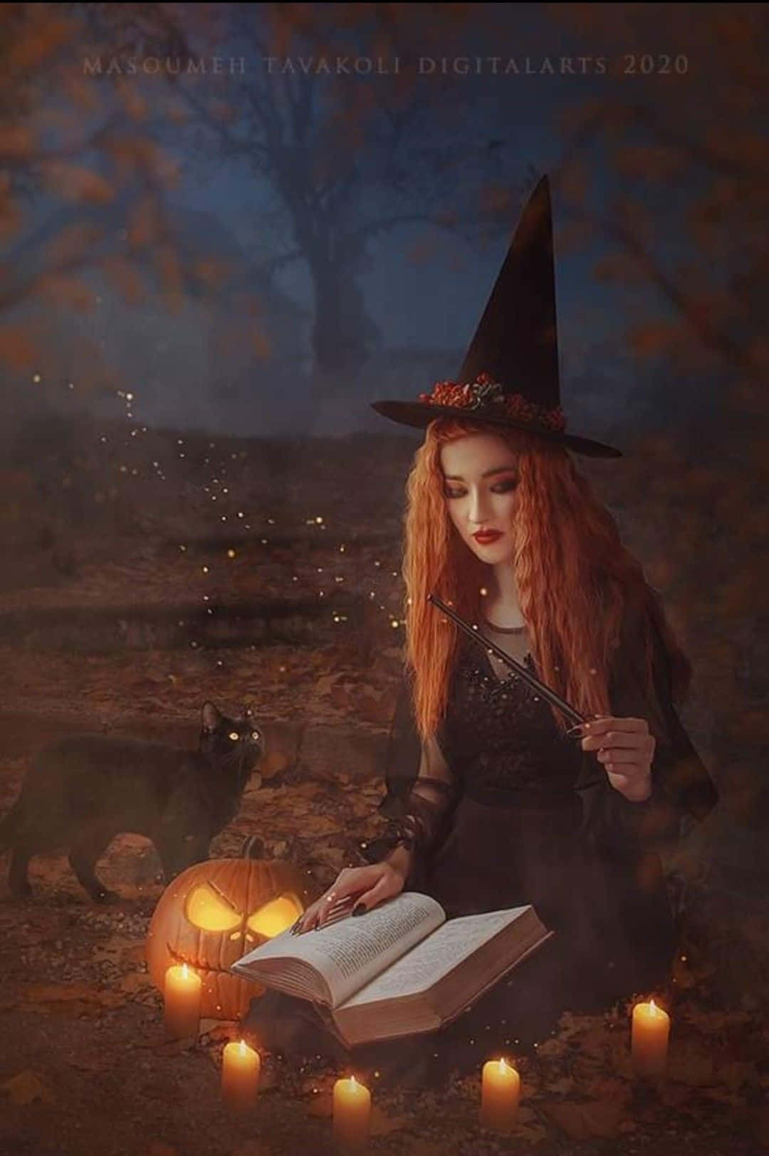 witch, red hair, black hat, HD Phone Wallpaper