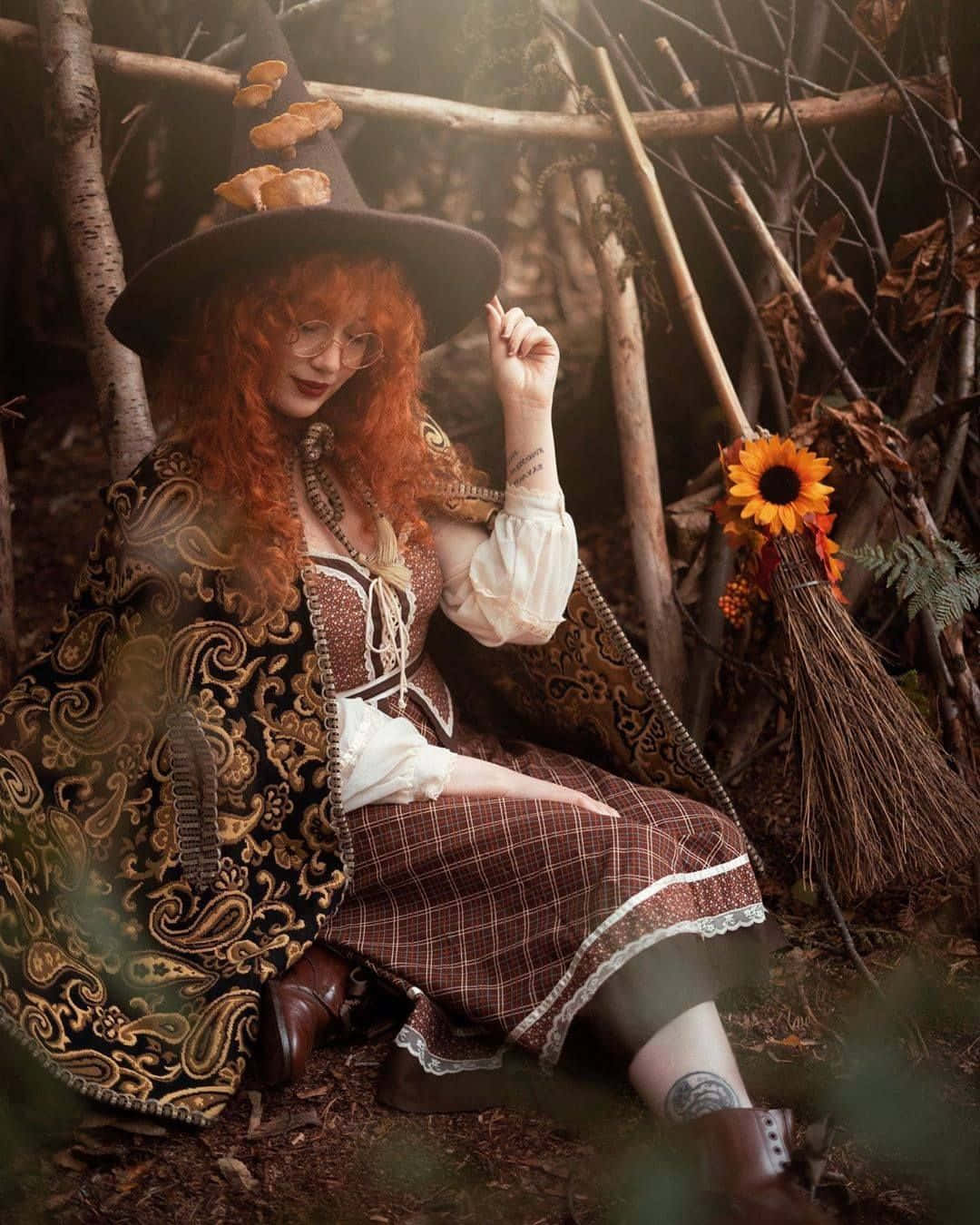 red-haired witch, ornate costume, sun-dappled forest, HD Phone Wallpaper