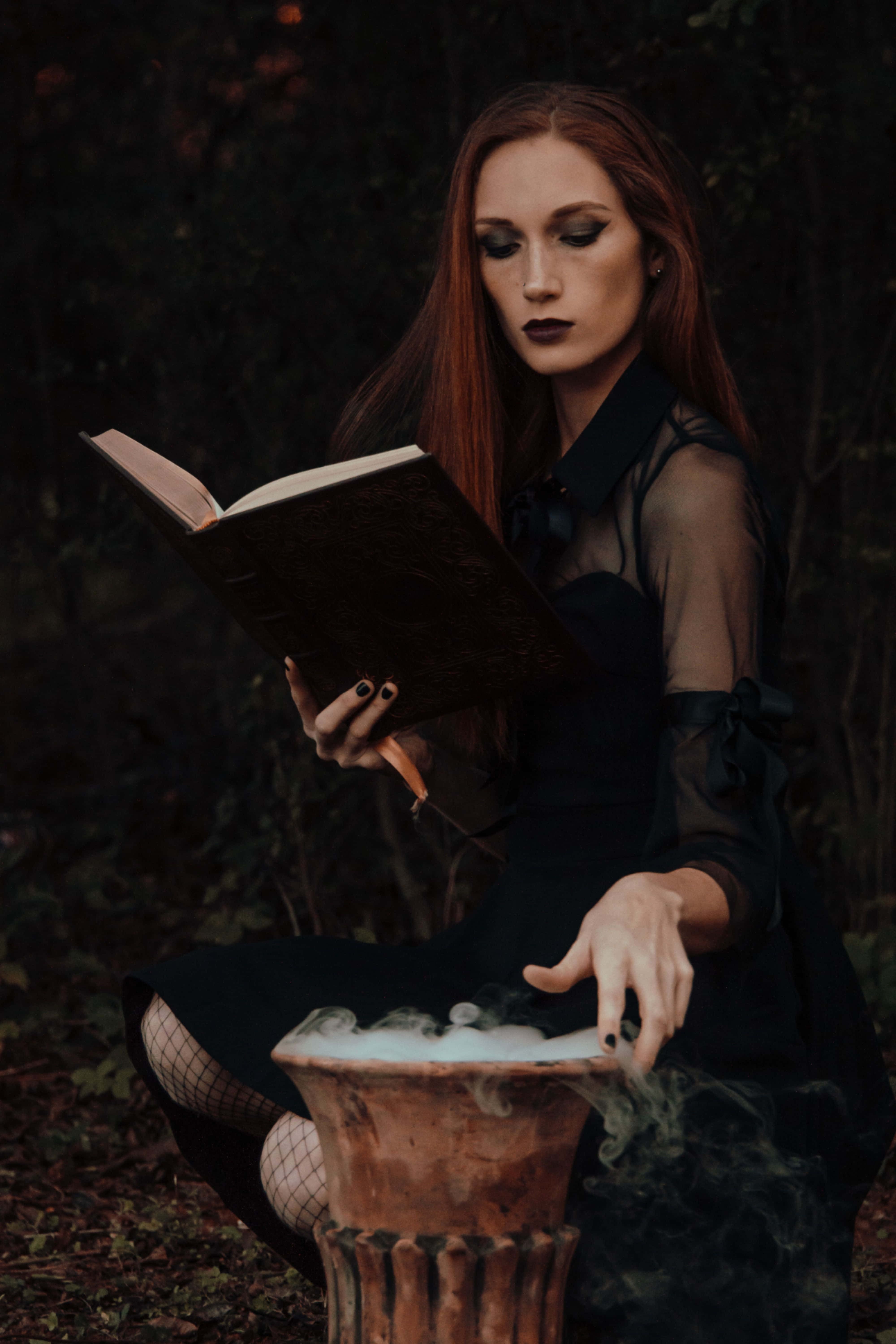 Bewitching Halloween Witch Costume, red hair, steaming cauldron, 5K Phone Wallpaper