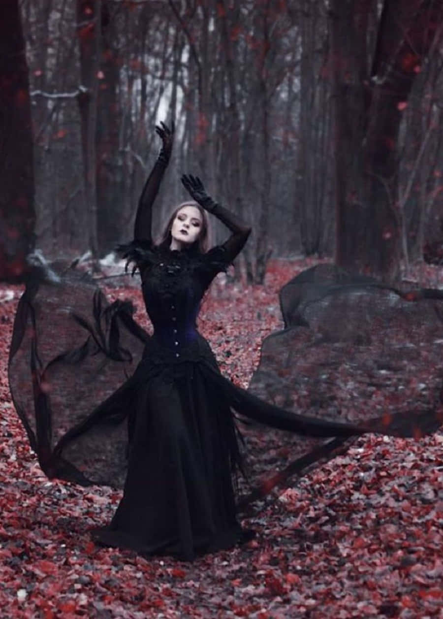 Witch Costumes, black gown, crimson leaves, SD Phone Wallpaper