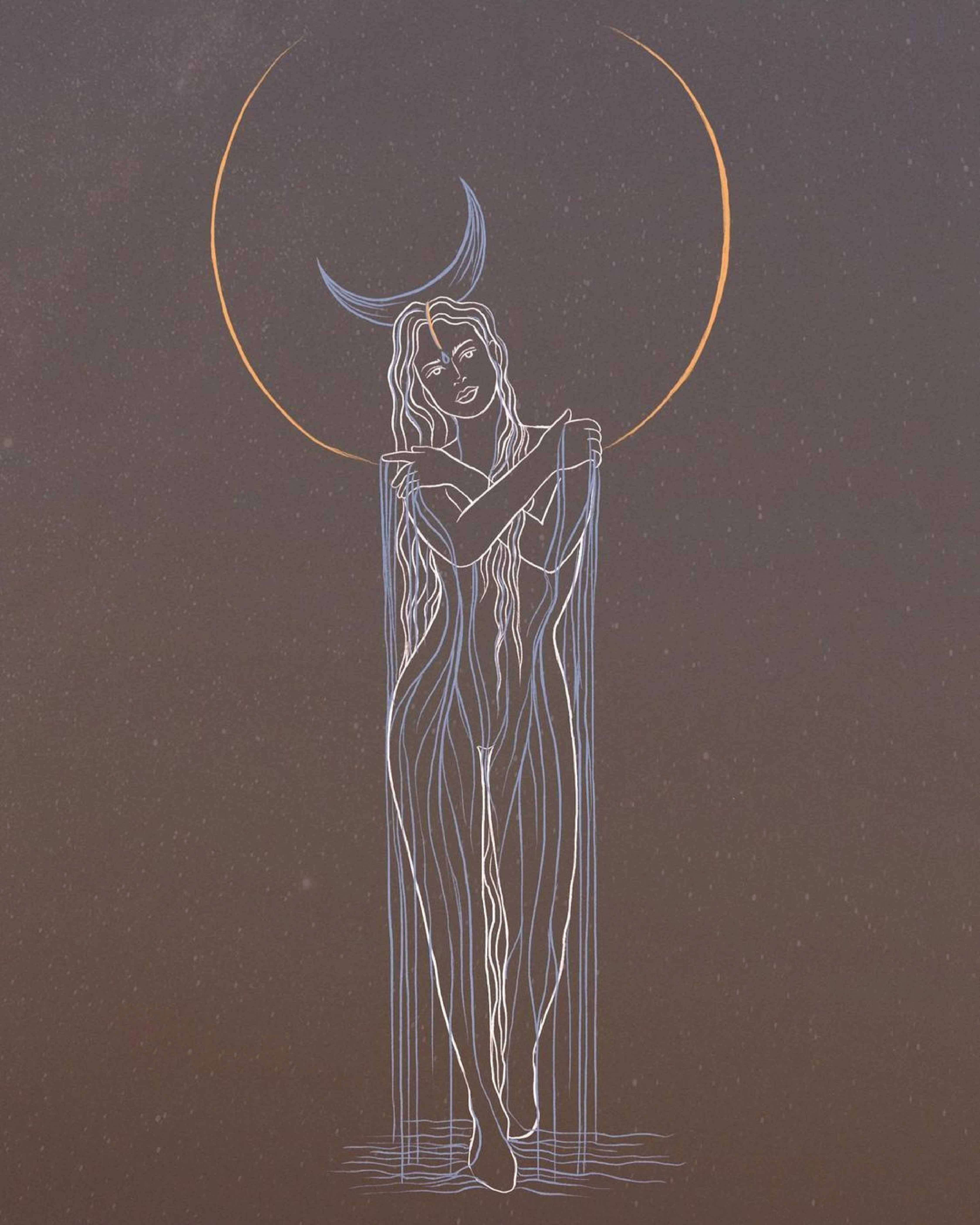 crescent moon, golden circle, starry night sky, 5K Phone Wallpaper