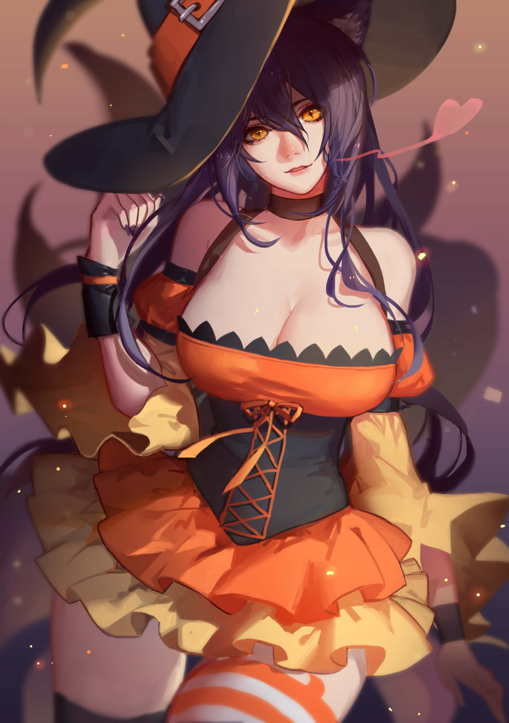 anime witch, glowing amber eyes, long dark hair, Full HD Phone Wallpaper