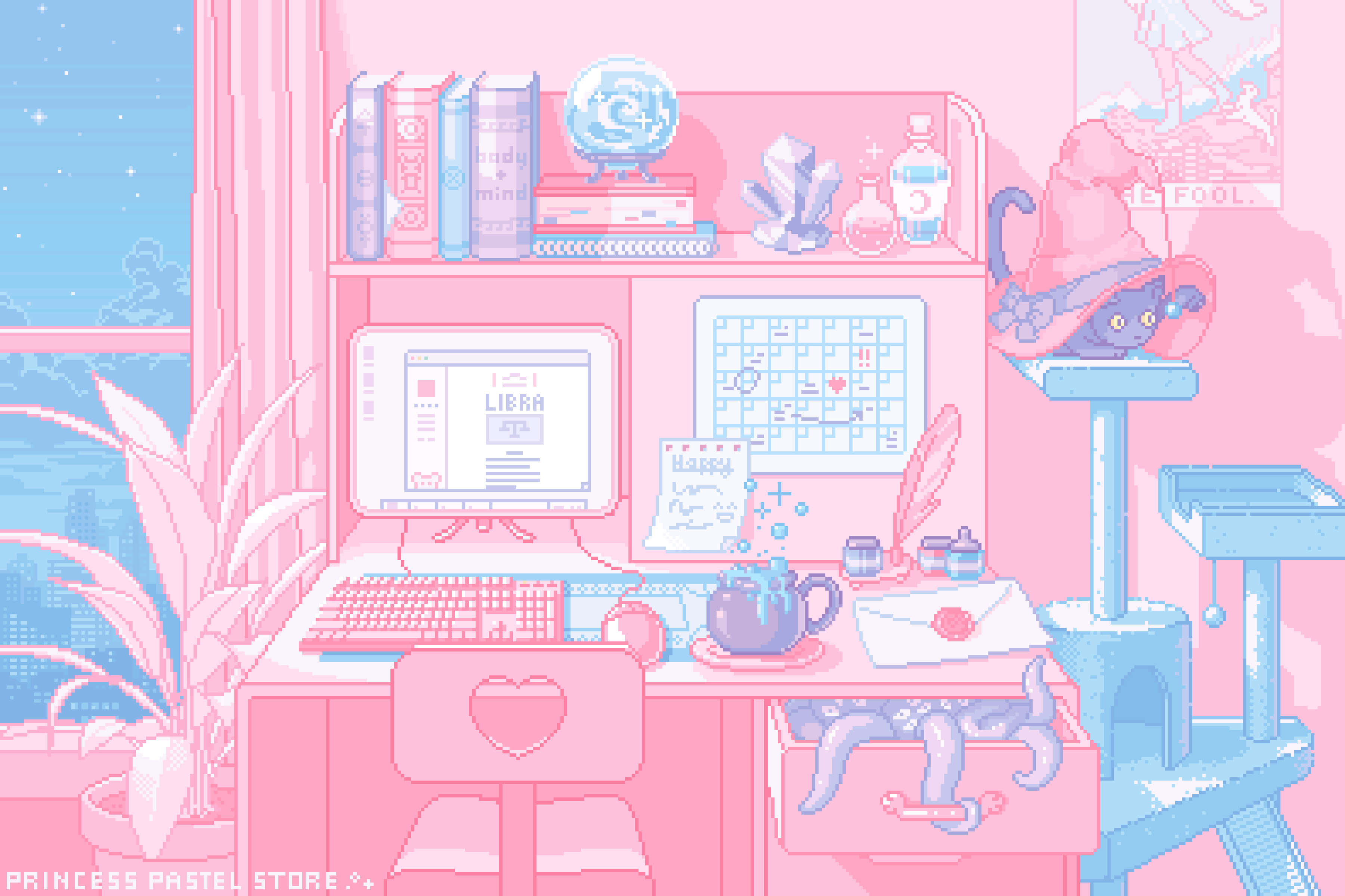 pastel witch, pink and blue decor, cat in a hat, 2K Desktop Wallpaper