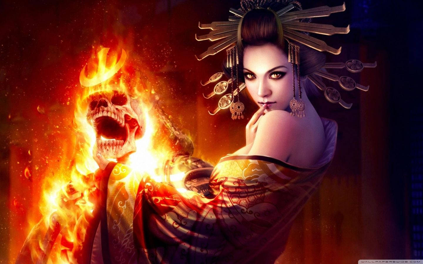 witch, blazing skull, geisha, HD Desktop Wallpaper