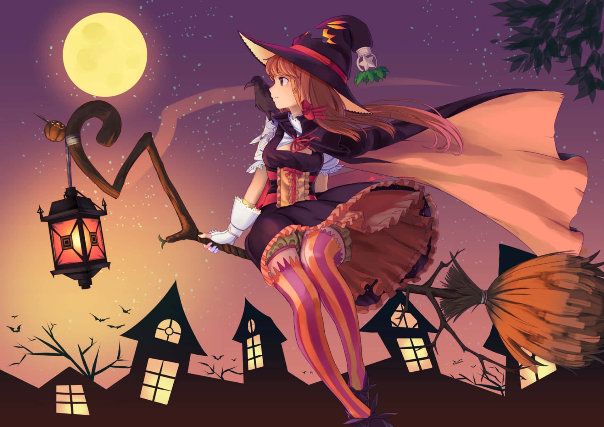 witch, long brown hair, broomstick, Full HD Desktop Wallpaper