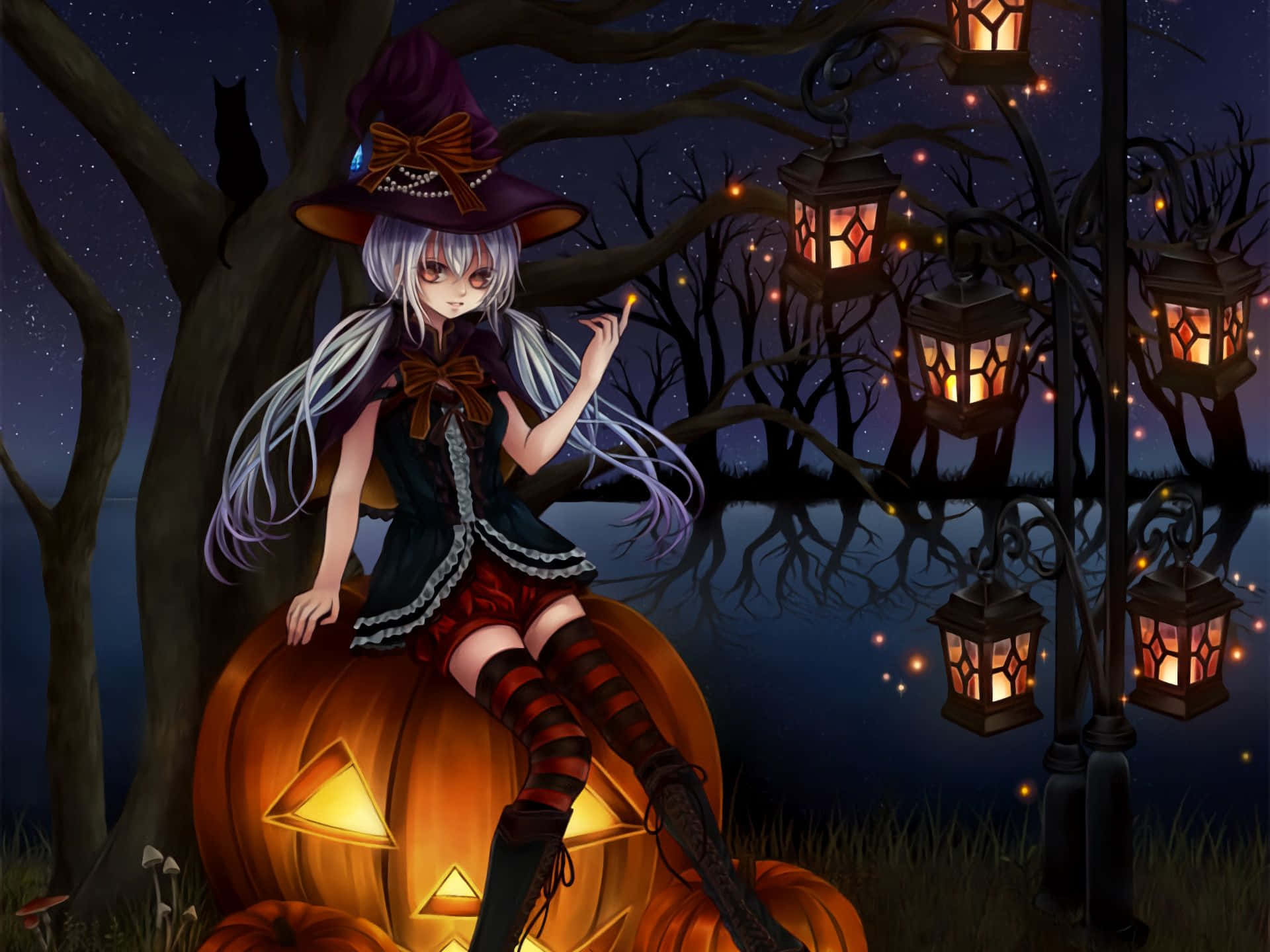 silver-haired anime witch, purple hat, glowing jack-o-lantern, Full HD Desktop Wallpaper