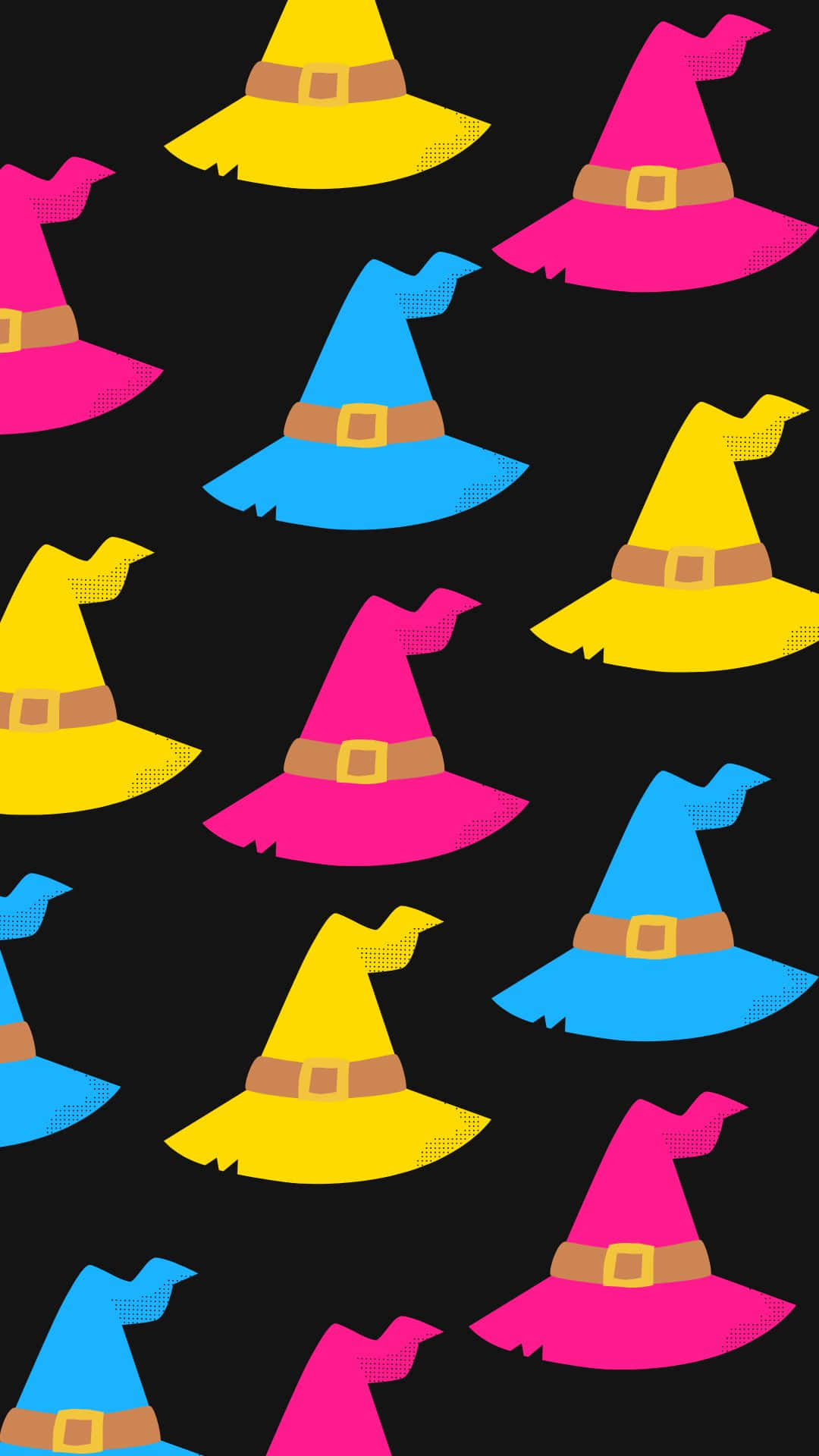 colorful witch hats pattern, pink blue and yellow witch hats, brown belts, Full HD Phone Wallpaper