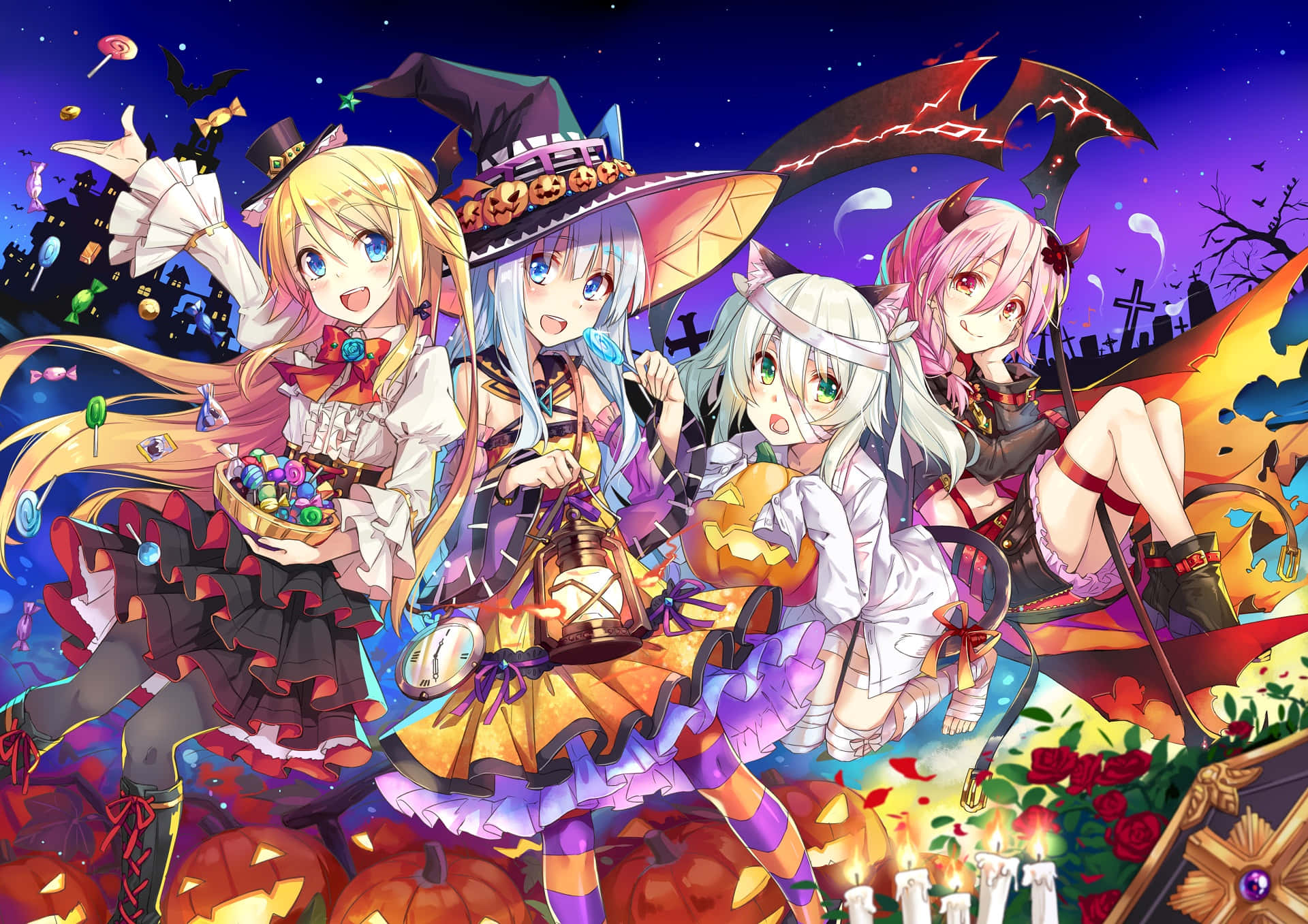 Witch Hats, anime girls, Halloween costumes, Full HD Desktop Wallpaper