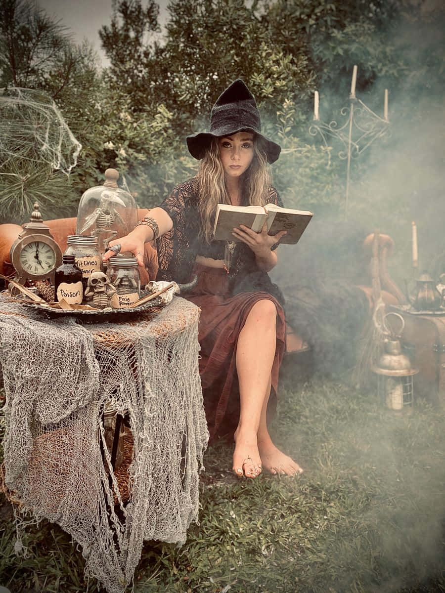 witch, black hat, ancient book, SD Phone Wallpaper