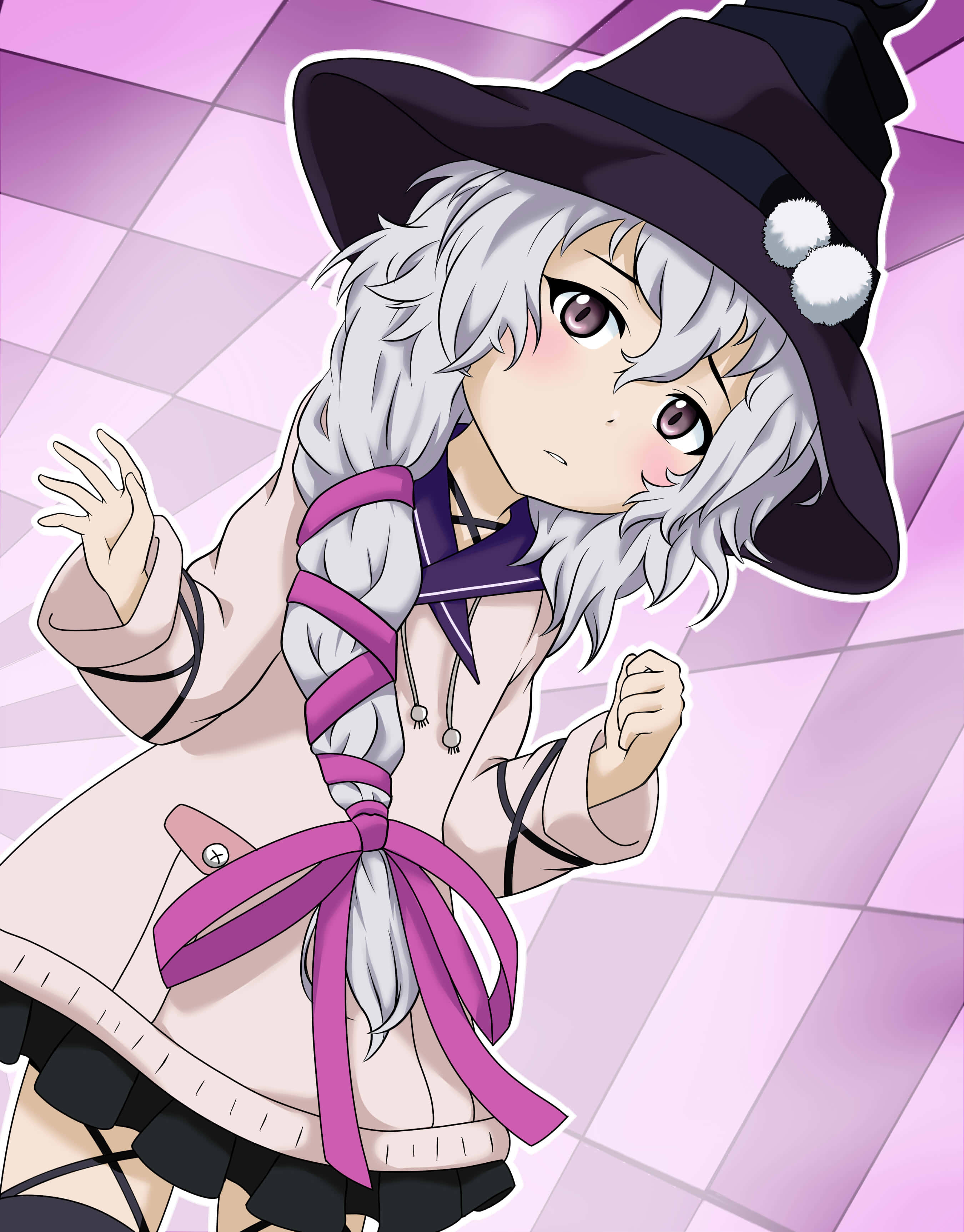 chibi anime witch, silver hair, purple eyes, 2K Phone Wallpaper