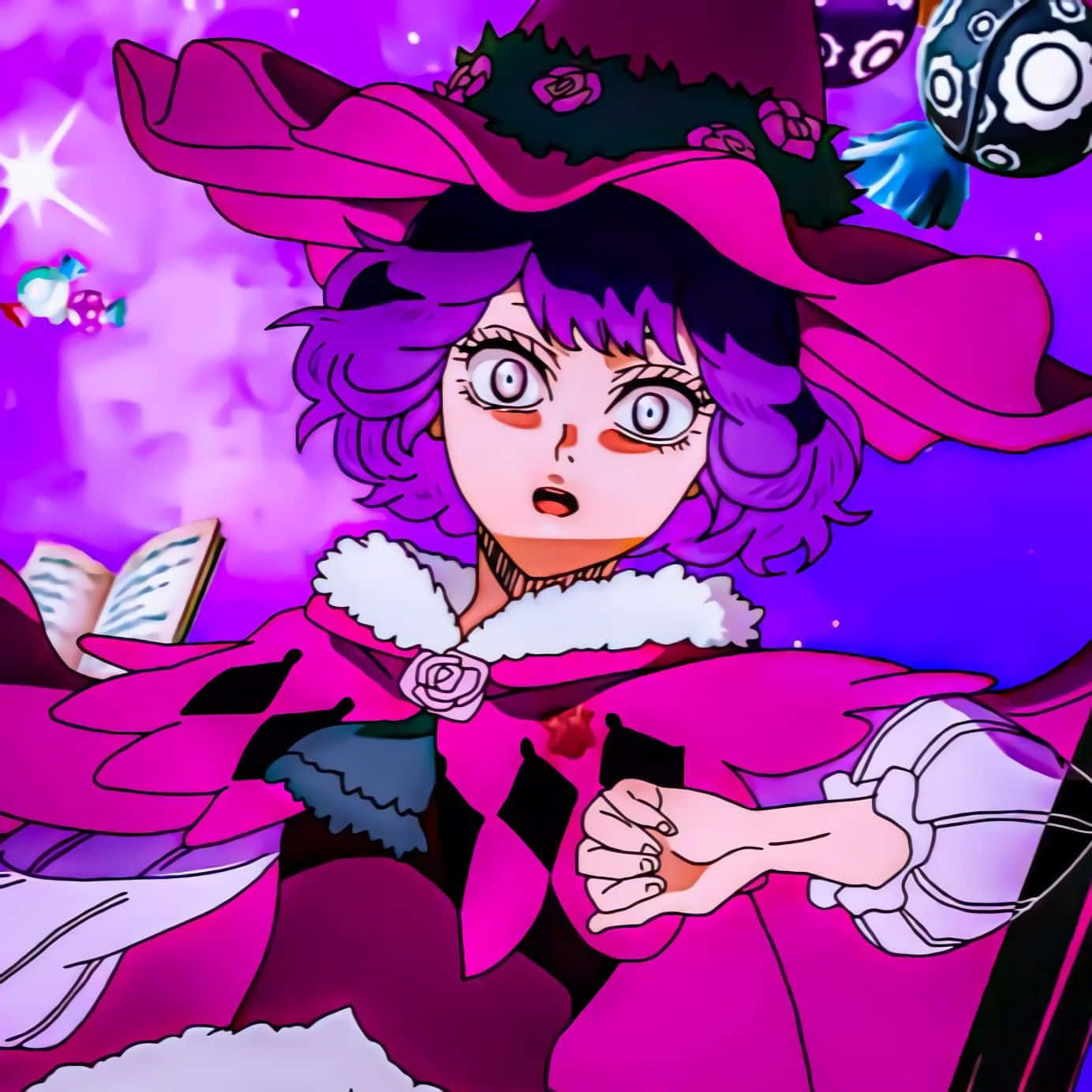 anime witch, purple hair, wide-brimmed hat, HD Desktop Wallpaper