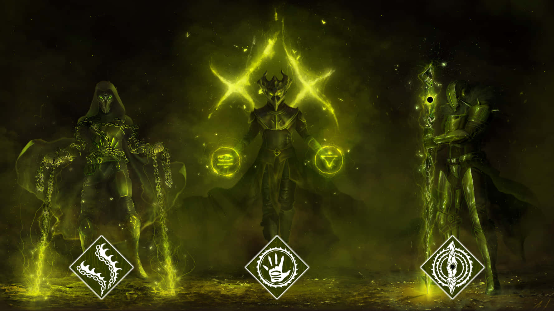 Witch Queen, demonic figures, glowing green magical symbols, HD Desktop Wallpaper