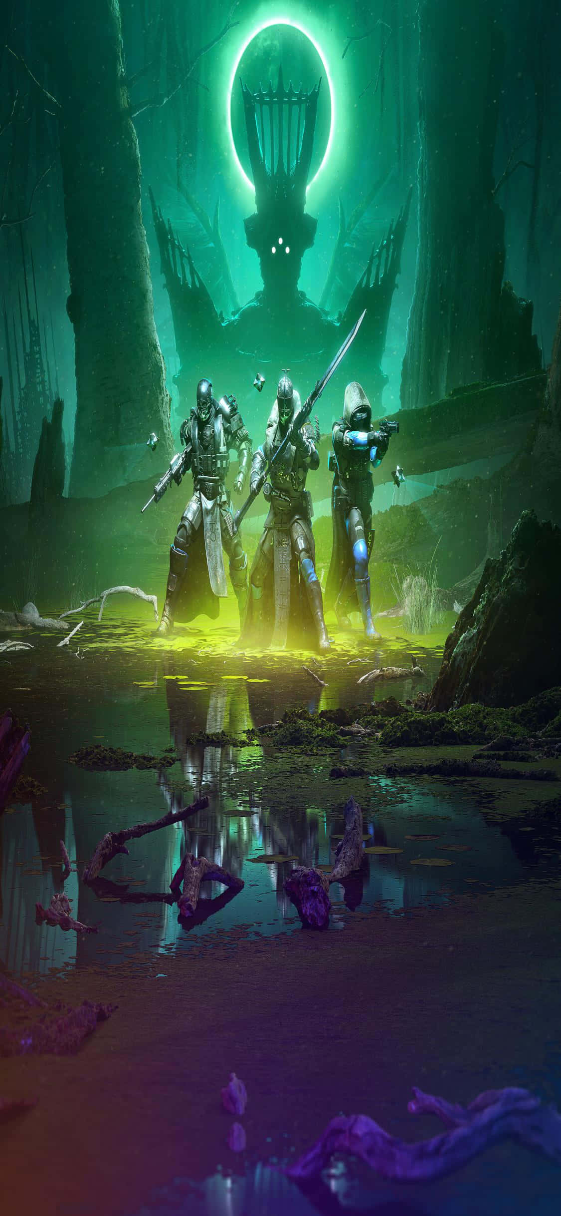 Witch Queen, glowing green water, massive floating alien structure, Full HD Phone Wallpaper