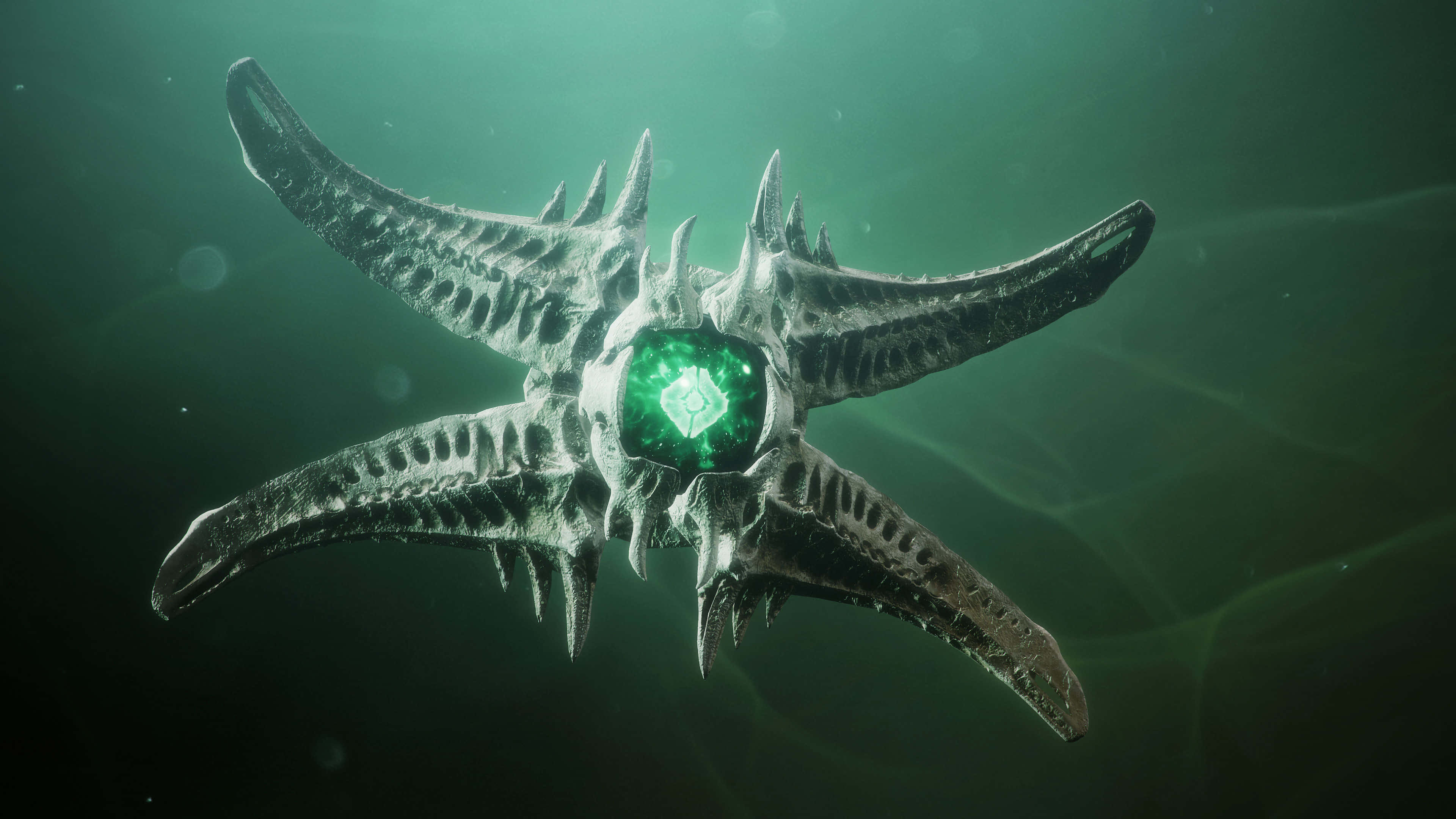 Witch Queen, glowing green core, murky green underwater depths, 4K Desktop Wallpaper