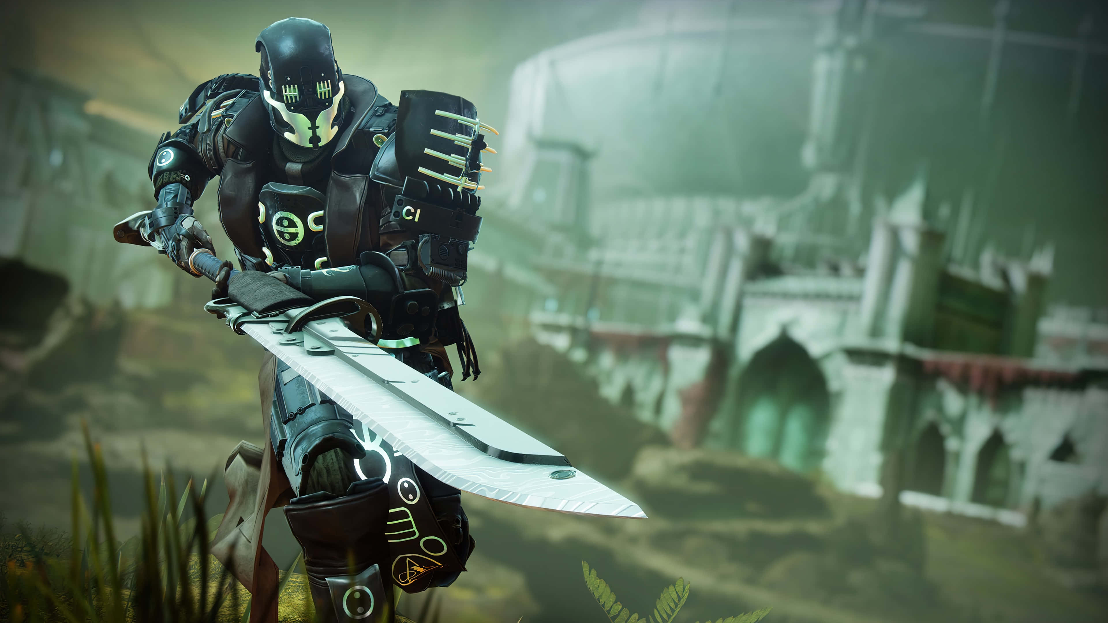 Witch Queen, futuristic armored warrior, glowing sword, 4K Desktop Wallpaper