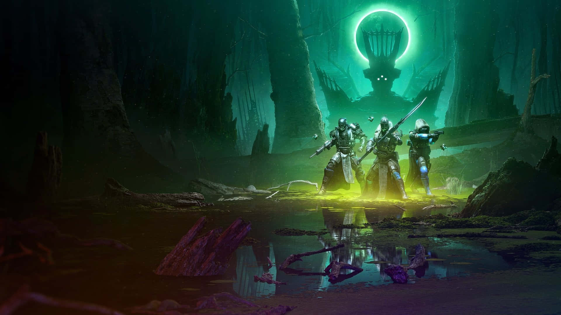 Witch Queen, mystical ringed tree, glowing green water, Full HD Desktop Wallpaper