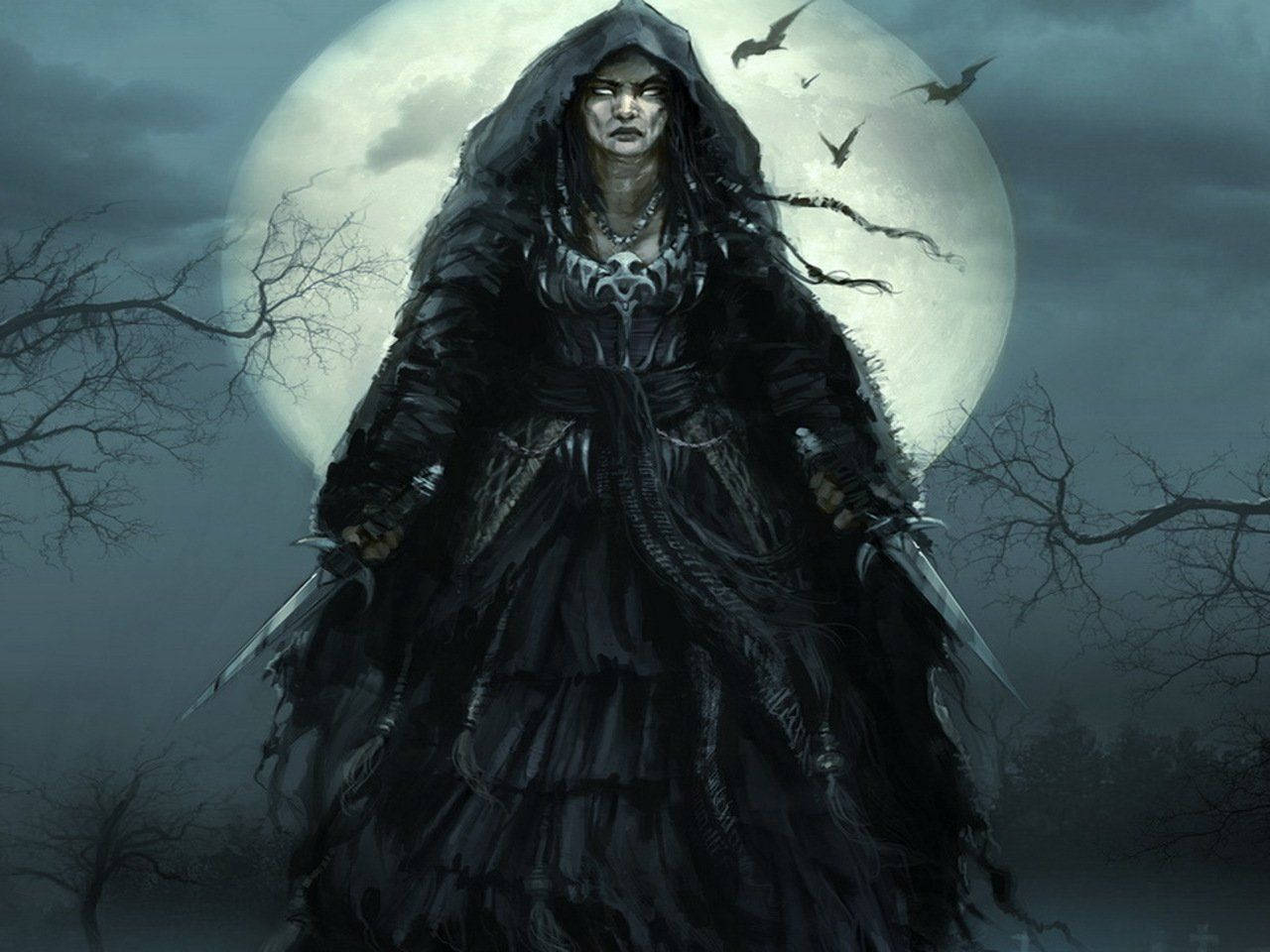 Witch, daggers, full moon, HD Desktop Wallpaper