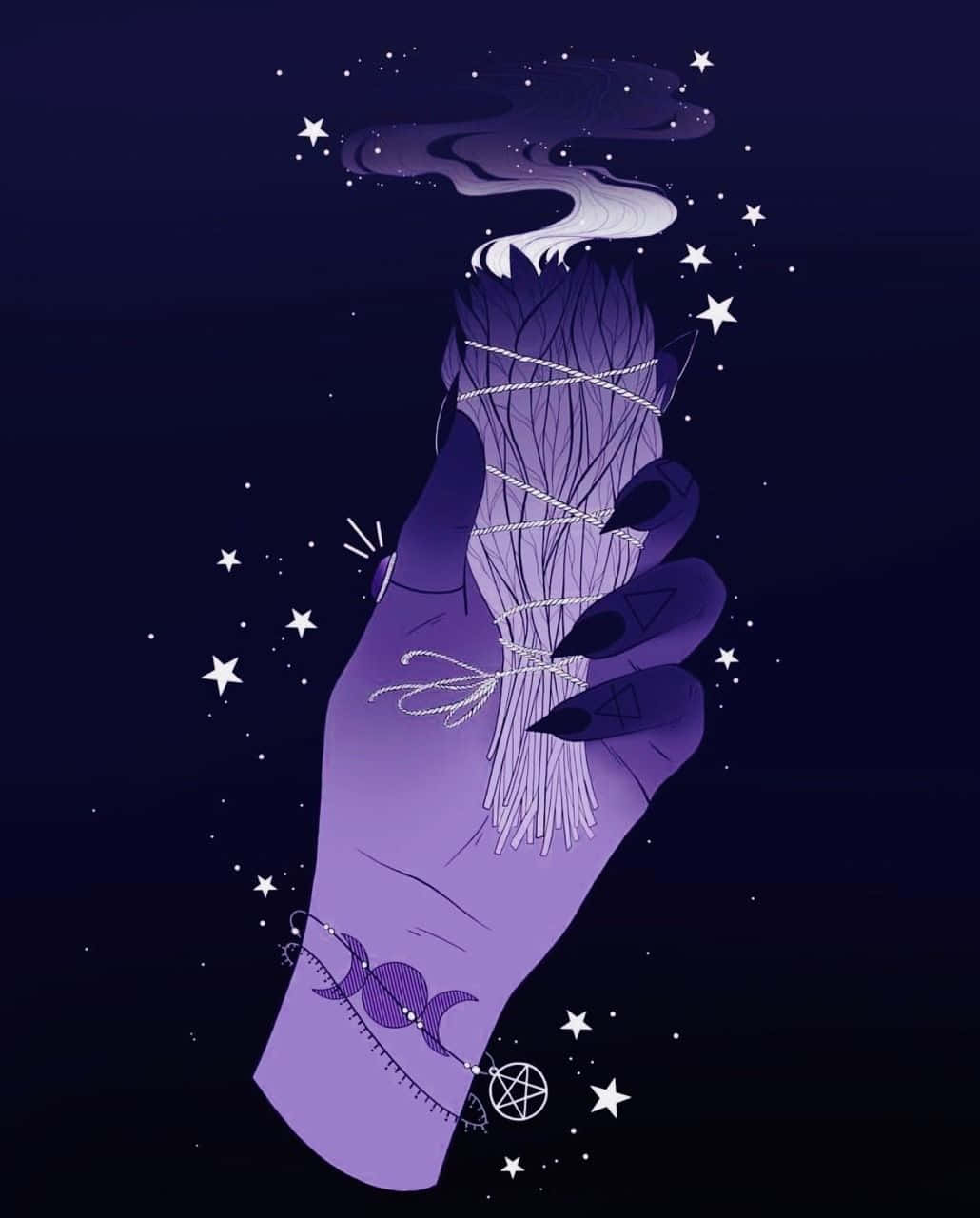 witch aesthetic, purple illustrated hand, smudge stick, HD Phone Wallpaper