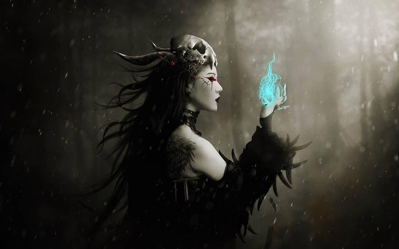 Witch, skull headdress, red eye, HD Desktop Wallpaper