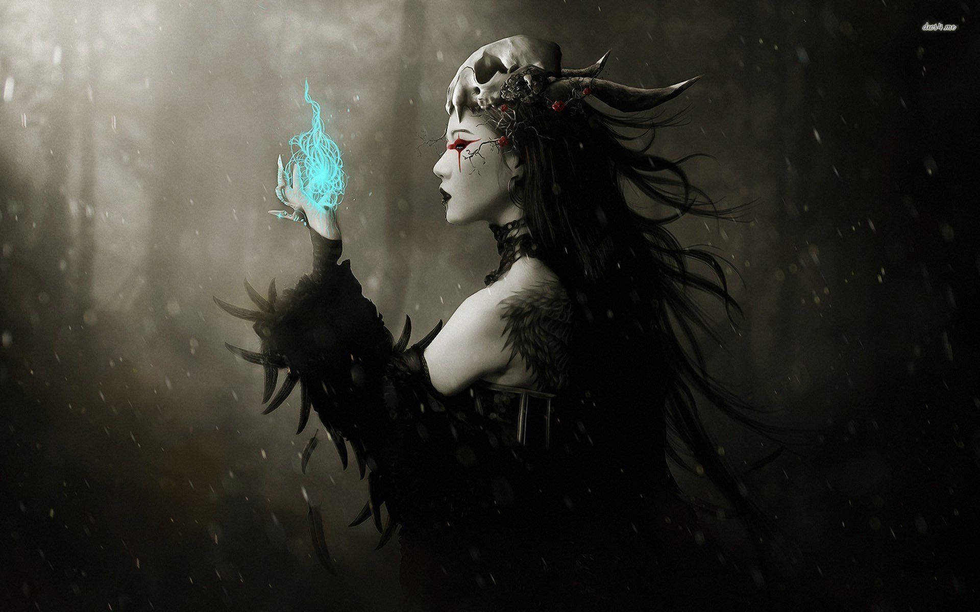 Witch, black feathers, skull headdress, Full HD Desktop Wallpaper