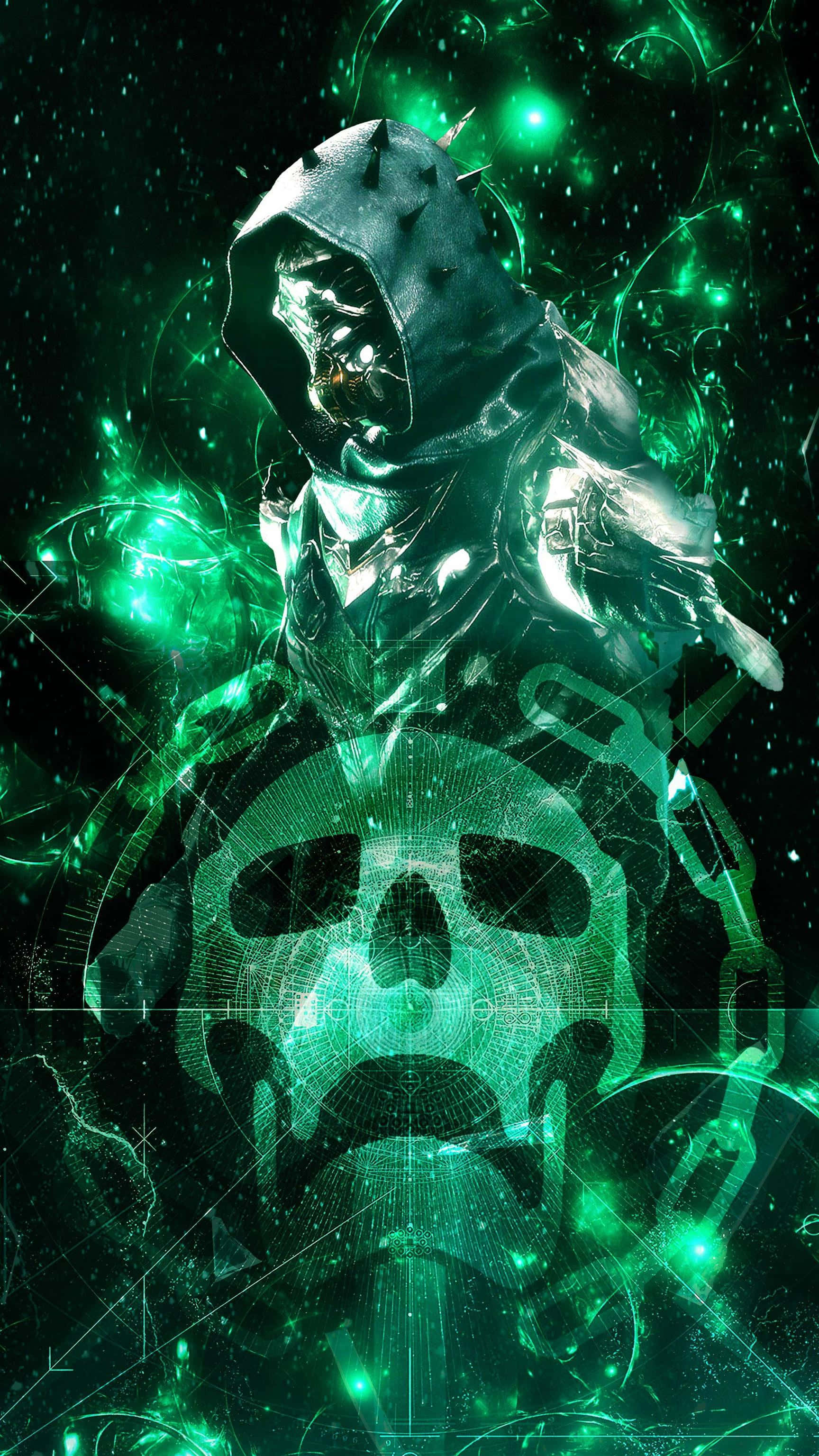 Witch Queen, hooded skeletal figure, glowing green energy swirls, 2K Phone Wallpaper
