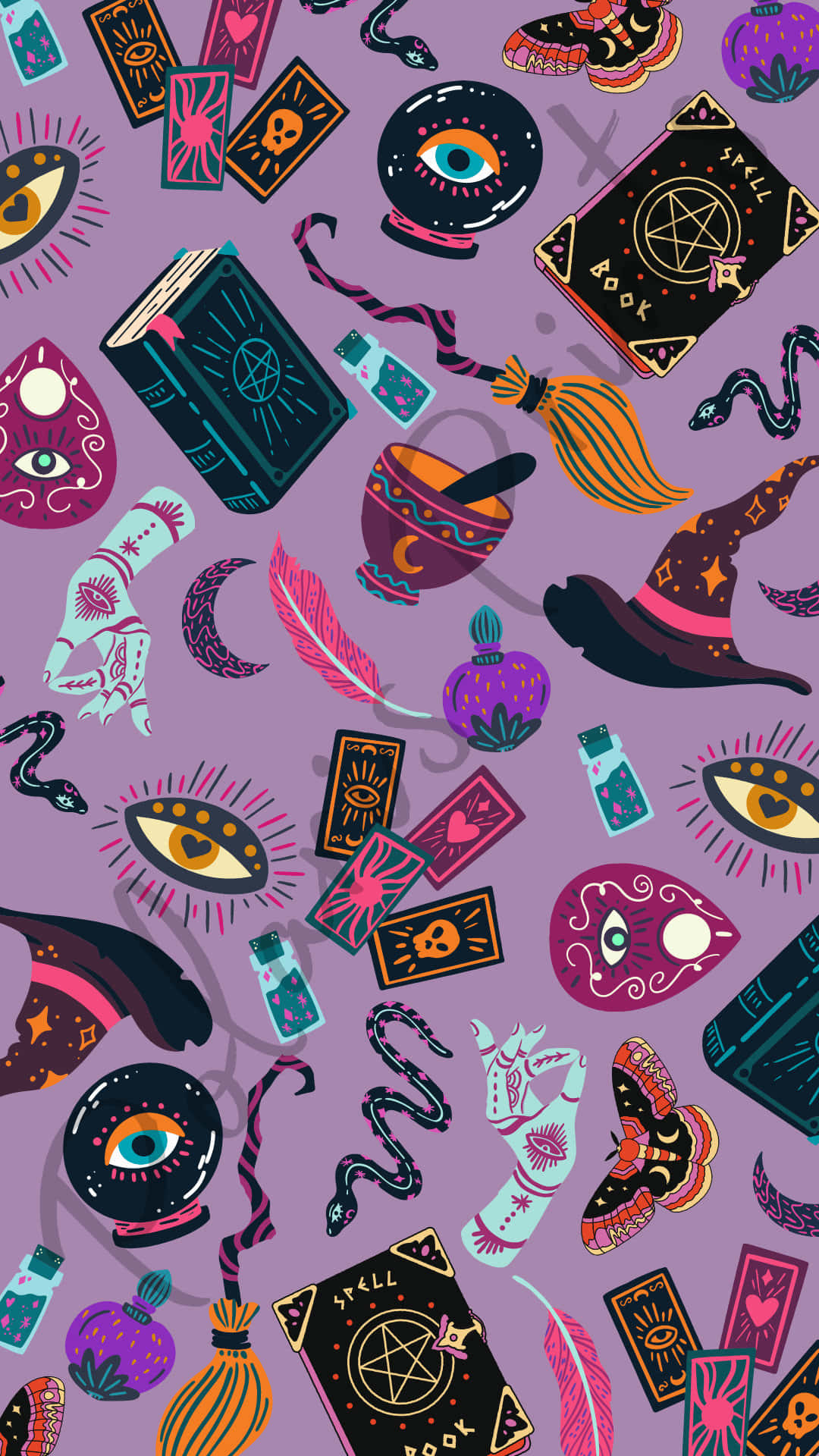mystical witchcraft pattern, vibrant purple, brooms, Full HD Phone Wallpaper