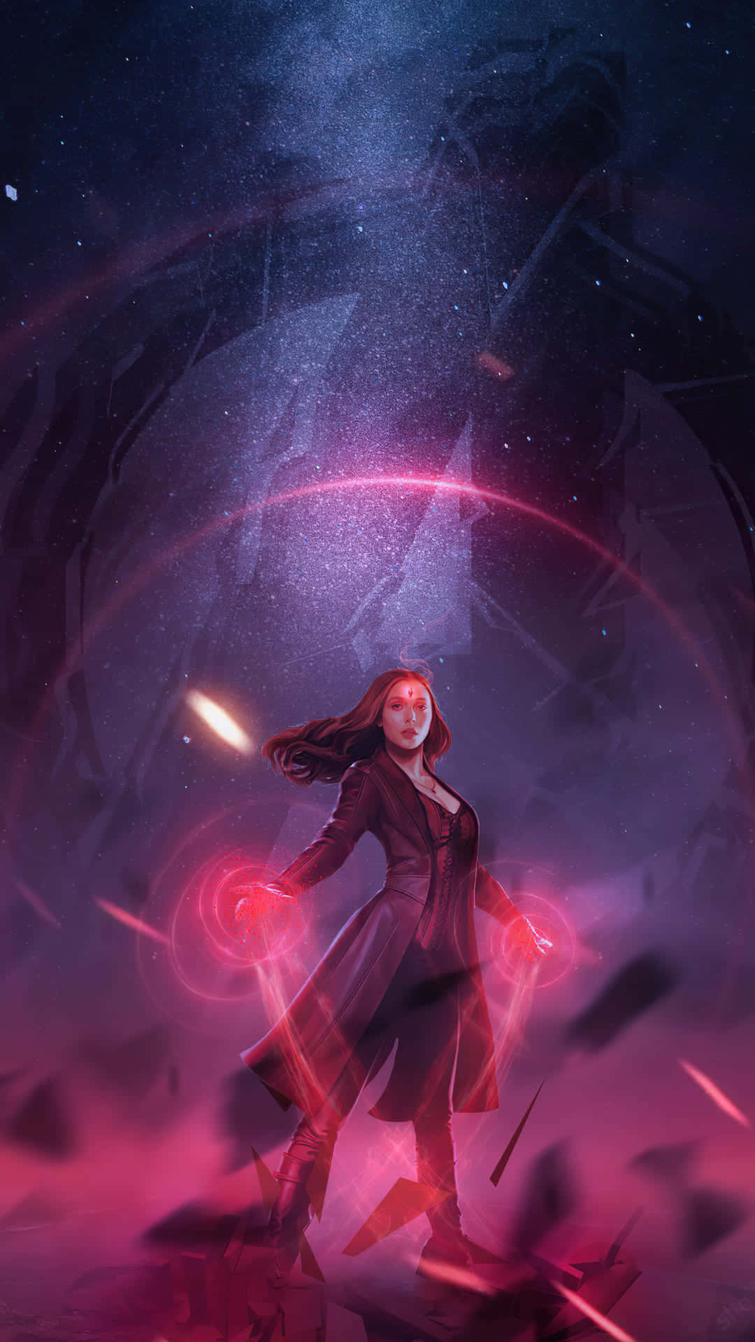 mystical witch, glowing red hands, cosmic debris, Full HD Phone Wallpaper