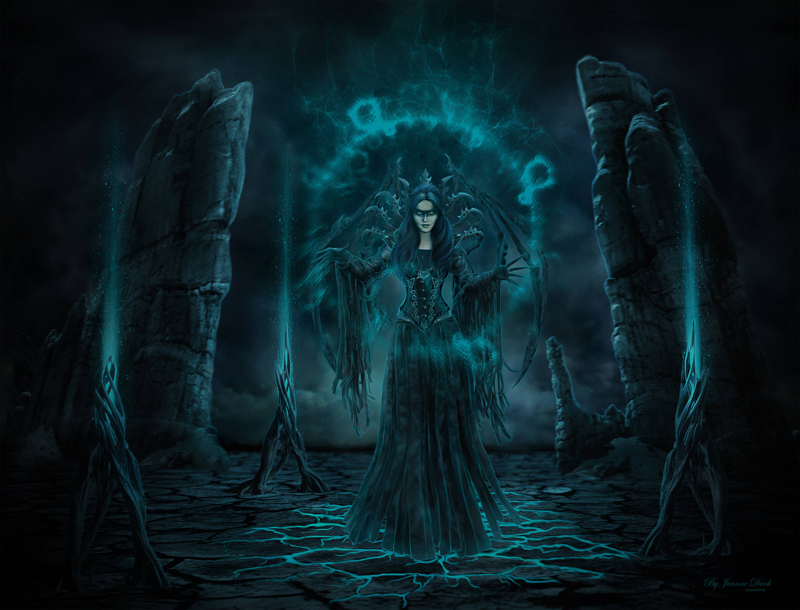 Witchy Dark Magic, dark fantasy queen, glowing blue energy, 2K Desktop Wallpaper