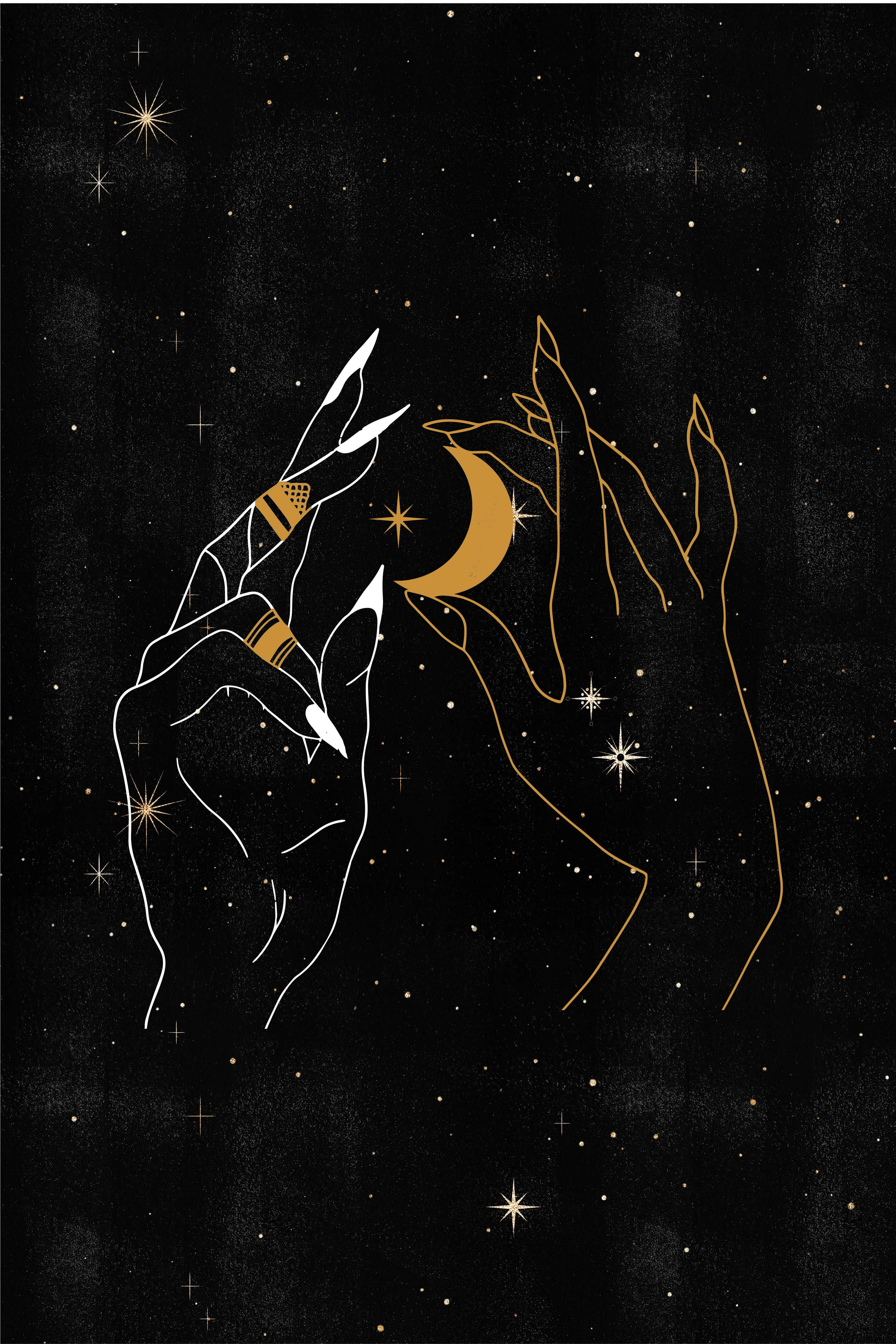 crescent moon, starry black night sky, white hands, 5K Phone Wallpaper