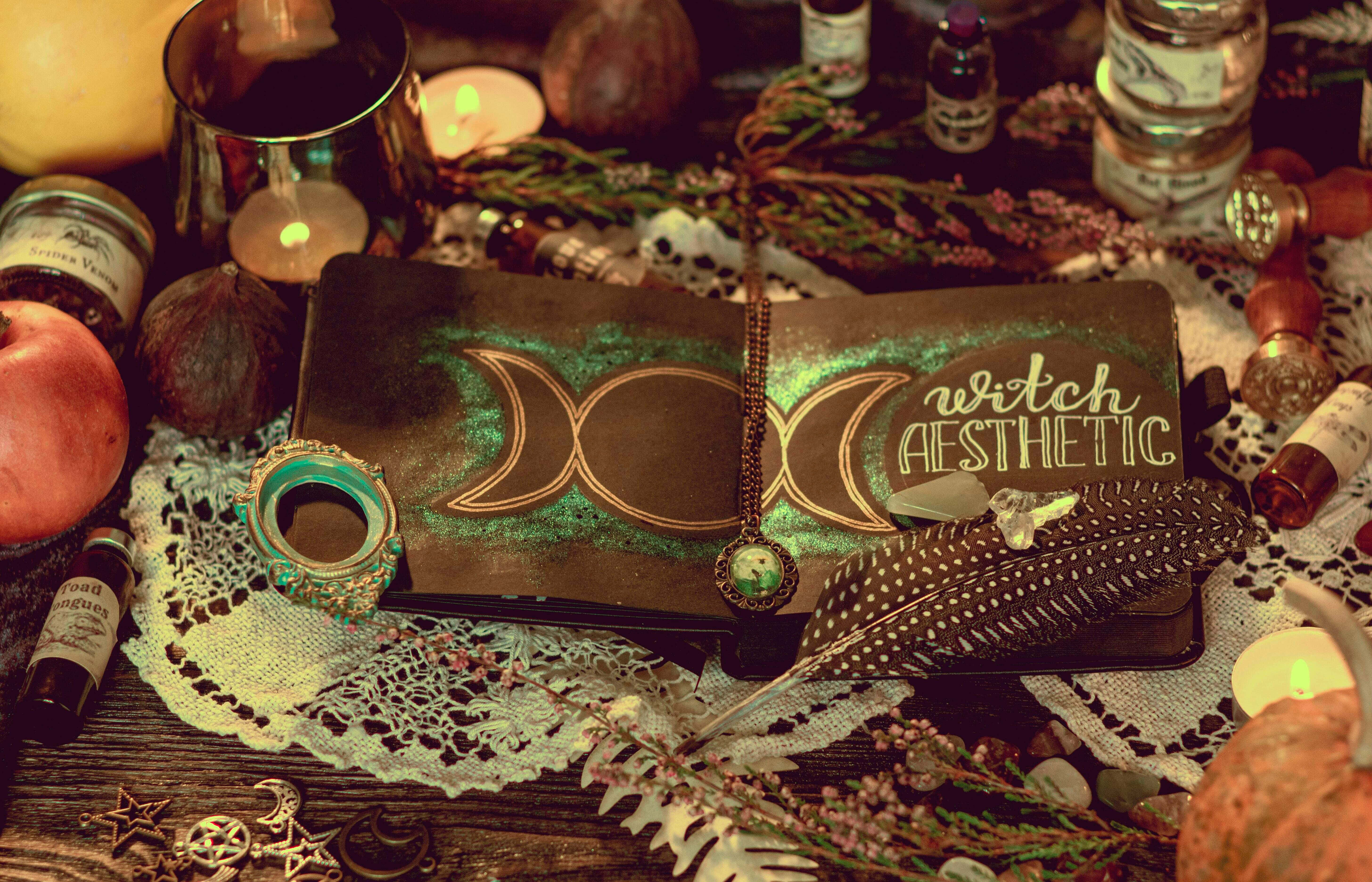 witchcraft aesthetic, moon symbols, glowing green accents, 5K Desktop Wallpaper