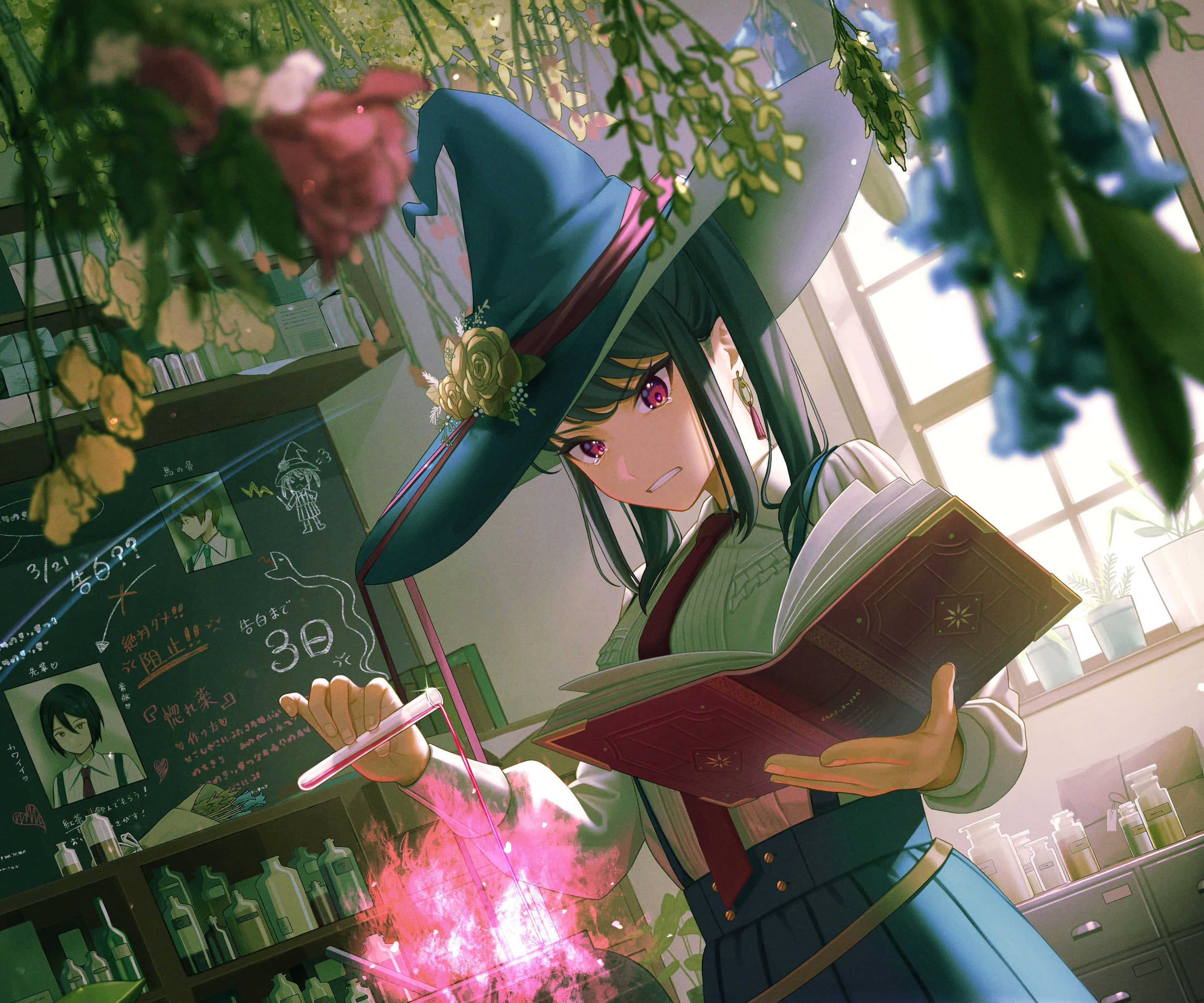 young witch, teal hat, green dress, 2K Desktop Wallpaper