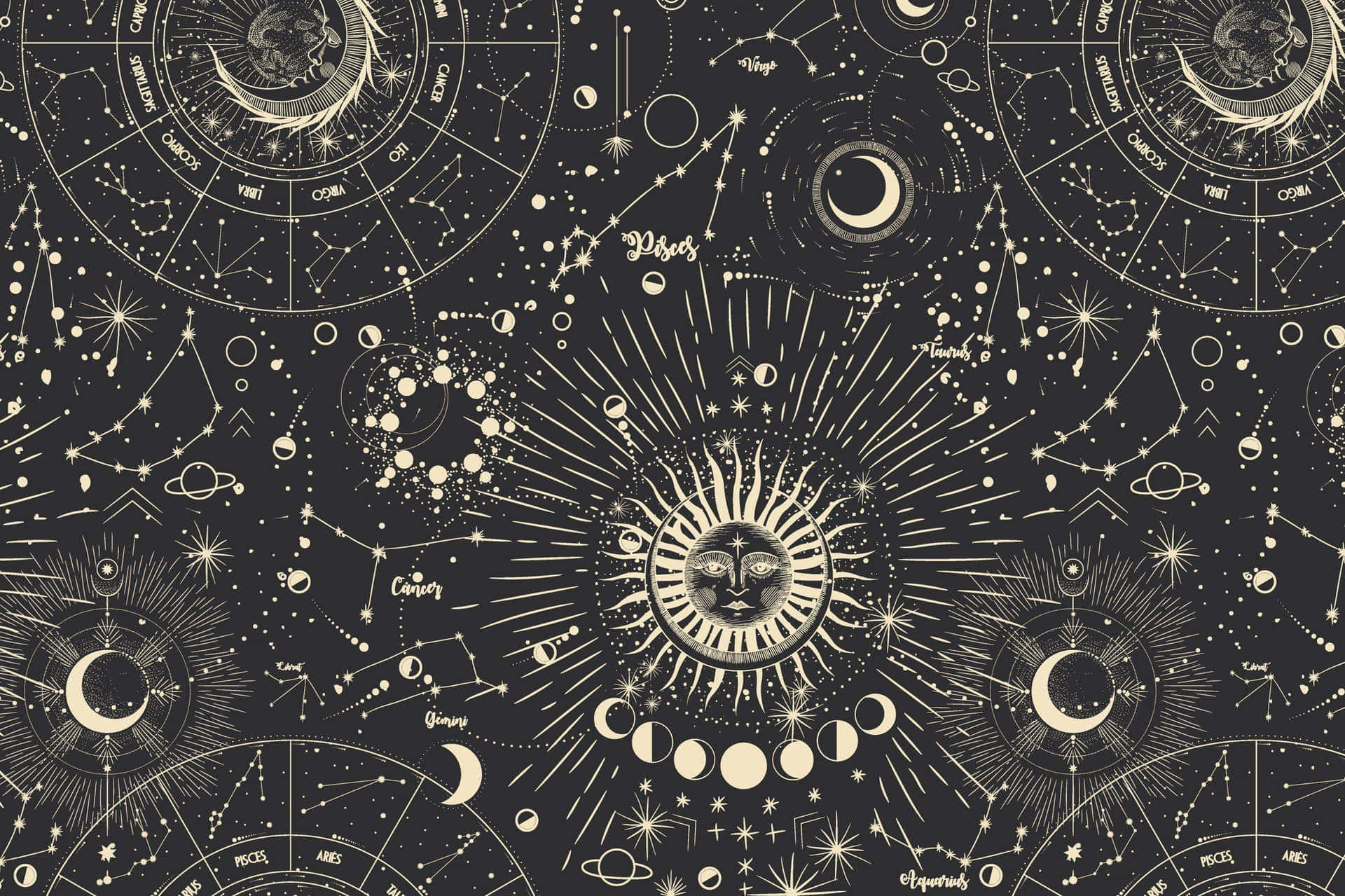 vintage celestial map, golden zodiac constellations, moons and sun motifs, Full HD Desktop Wallpaper