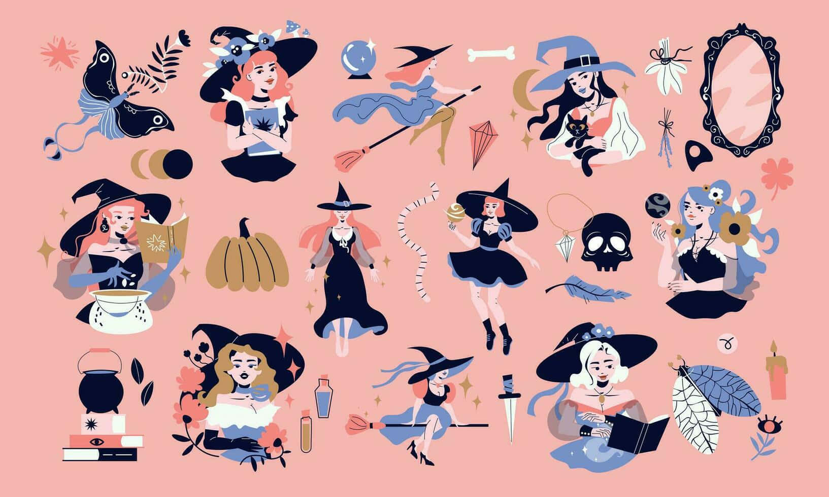 whimsical illustrated witches, hats, brooms, HD Desktop Wallpaper