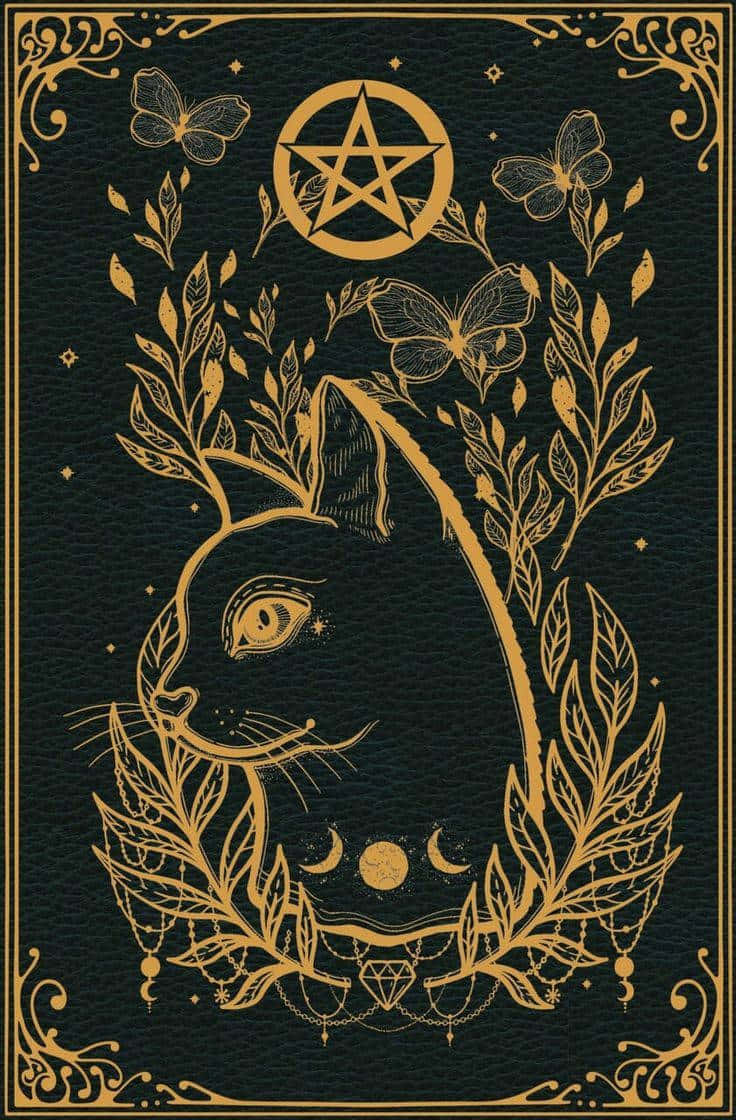 mystical cat, pentagram, golden ornate cat head, SD Phone Wallpaper