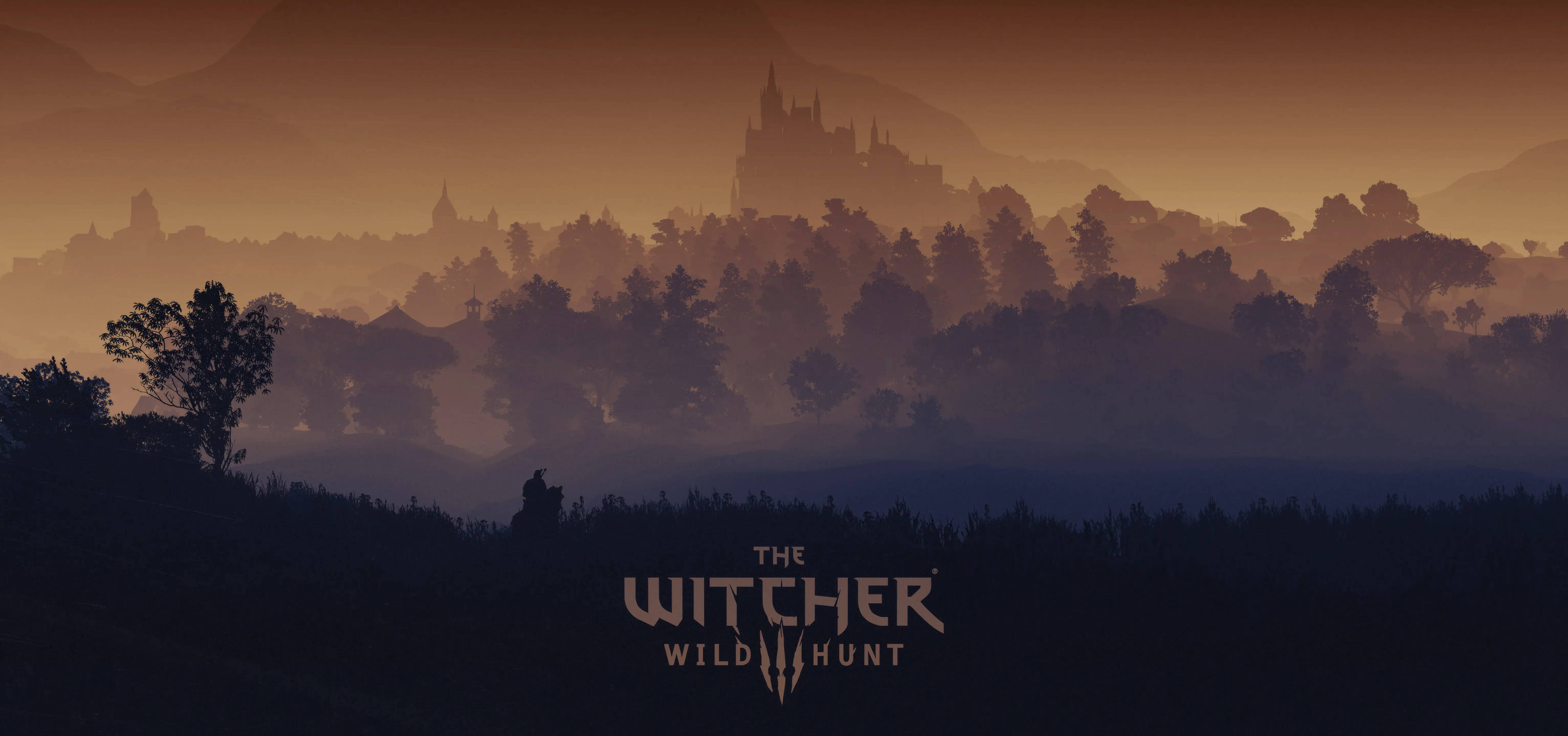 Witcher 3 4K, misty twilight landscape, distant castle silhouette, 5K Desktop Wallpaper