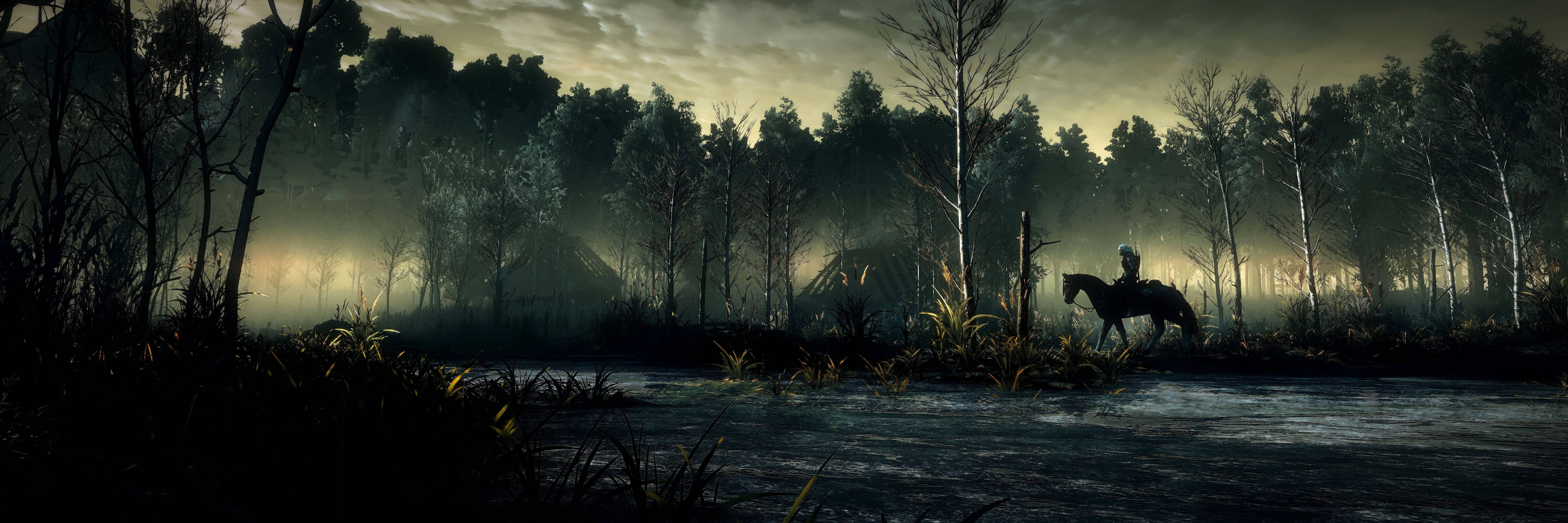 Witcher 3 4K, dense forest, misty river, 8K Desktop Wallpaper