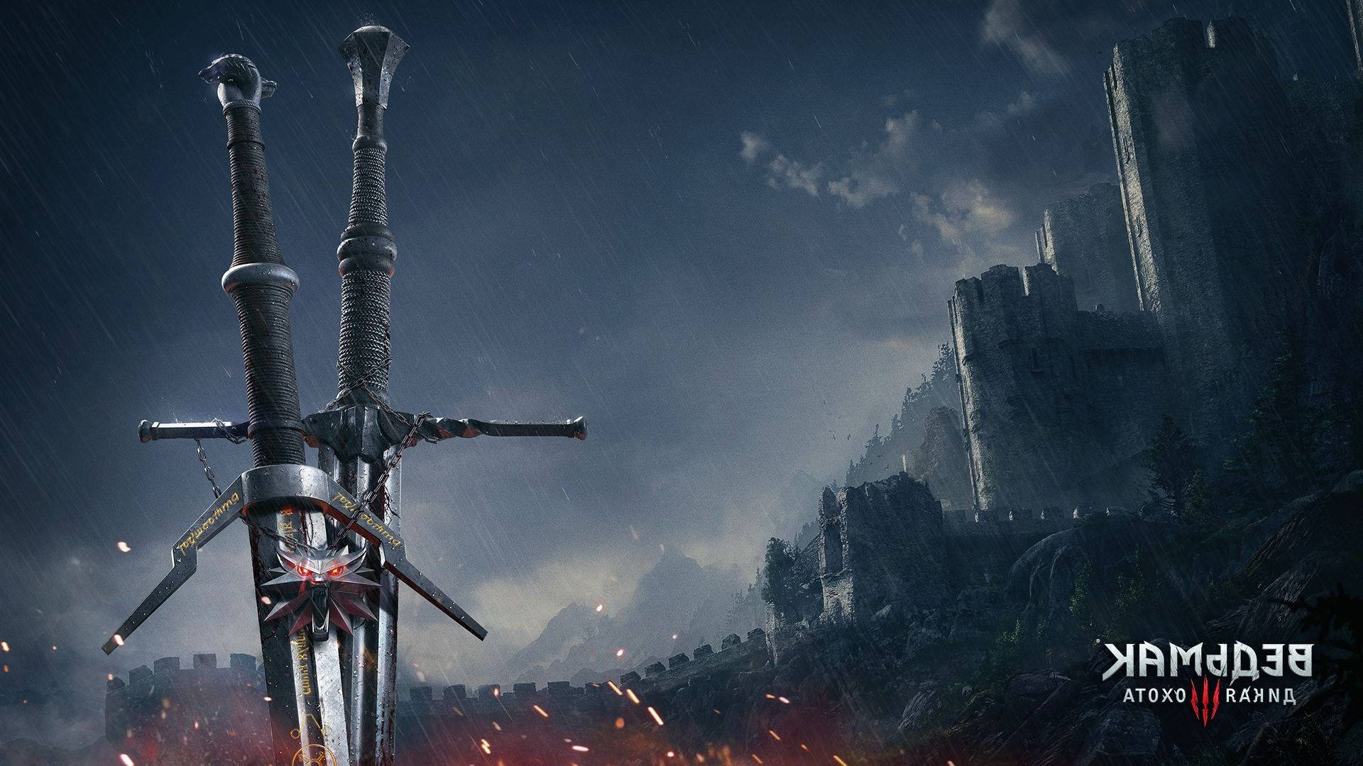 The Witcher 3, swords, glowing red sigils, Full HD Desktop Wallpaper
