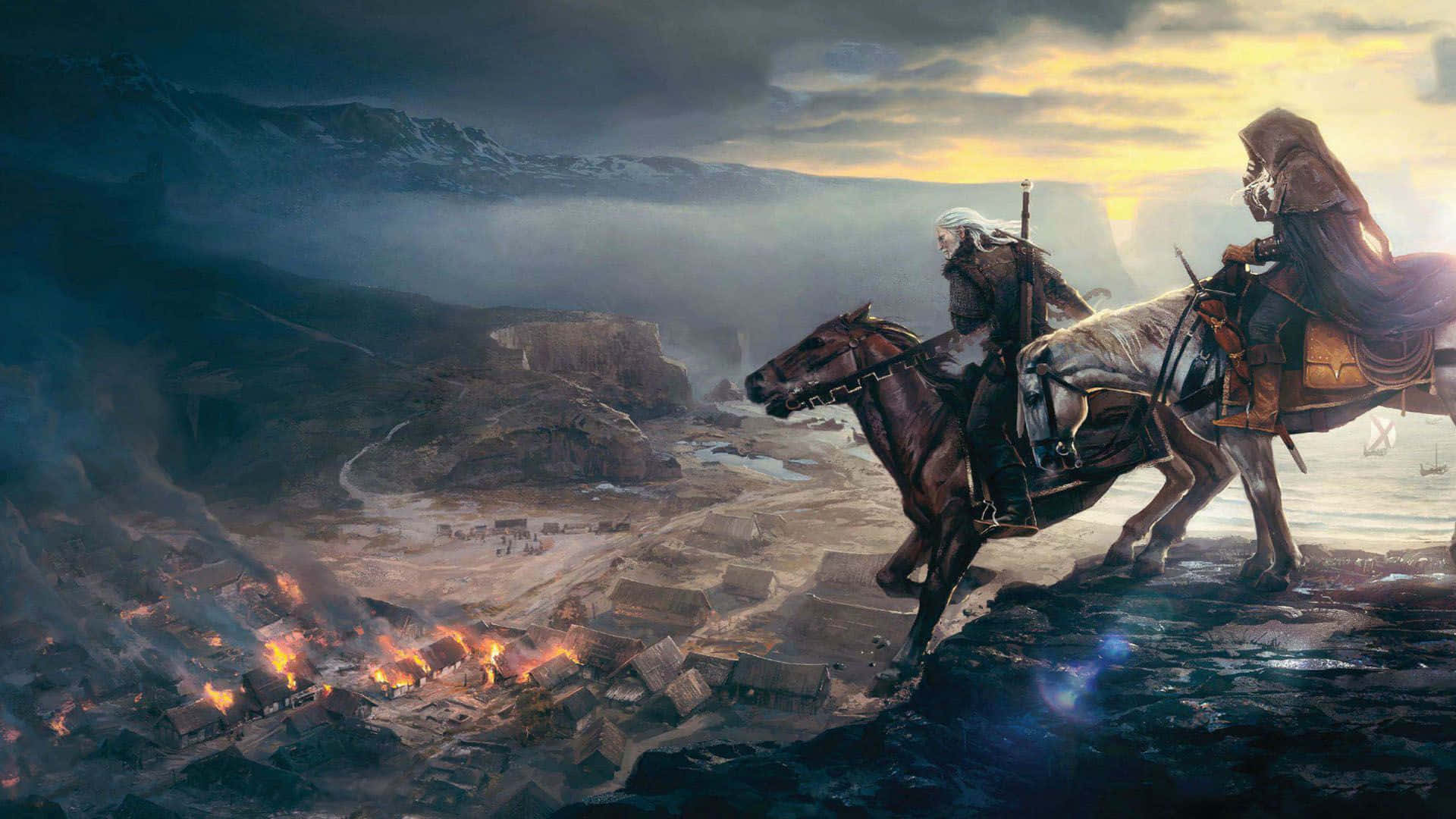 The Witcher 3, hooded riders, burning village, Full HD Desktop Wallpaper