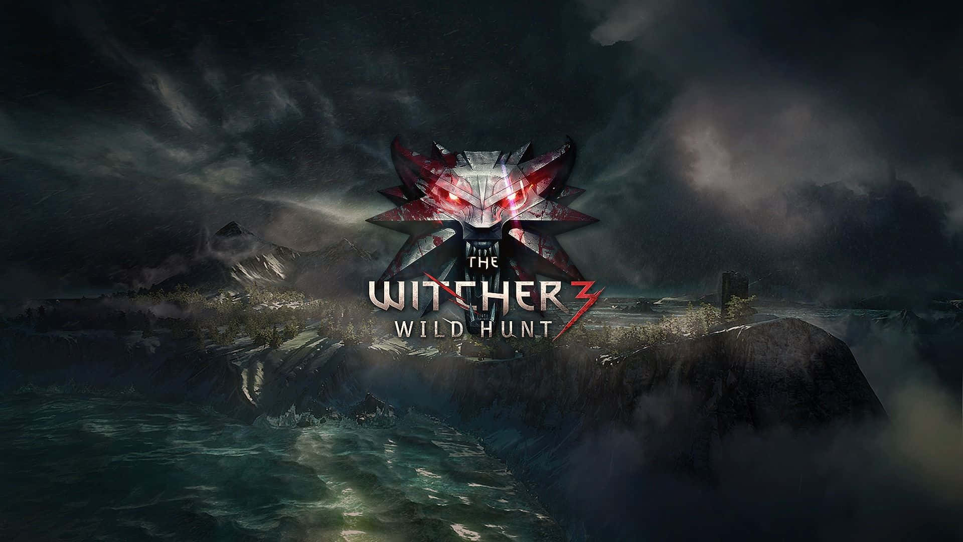 Witcher 3, red-eyed wolf head logo, stormy mountainous island, Full HD Desktop Wallpaper