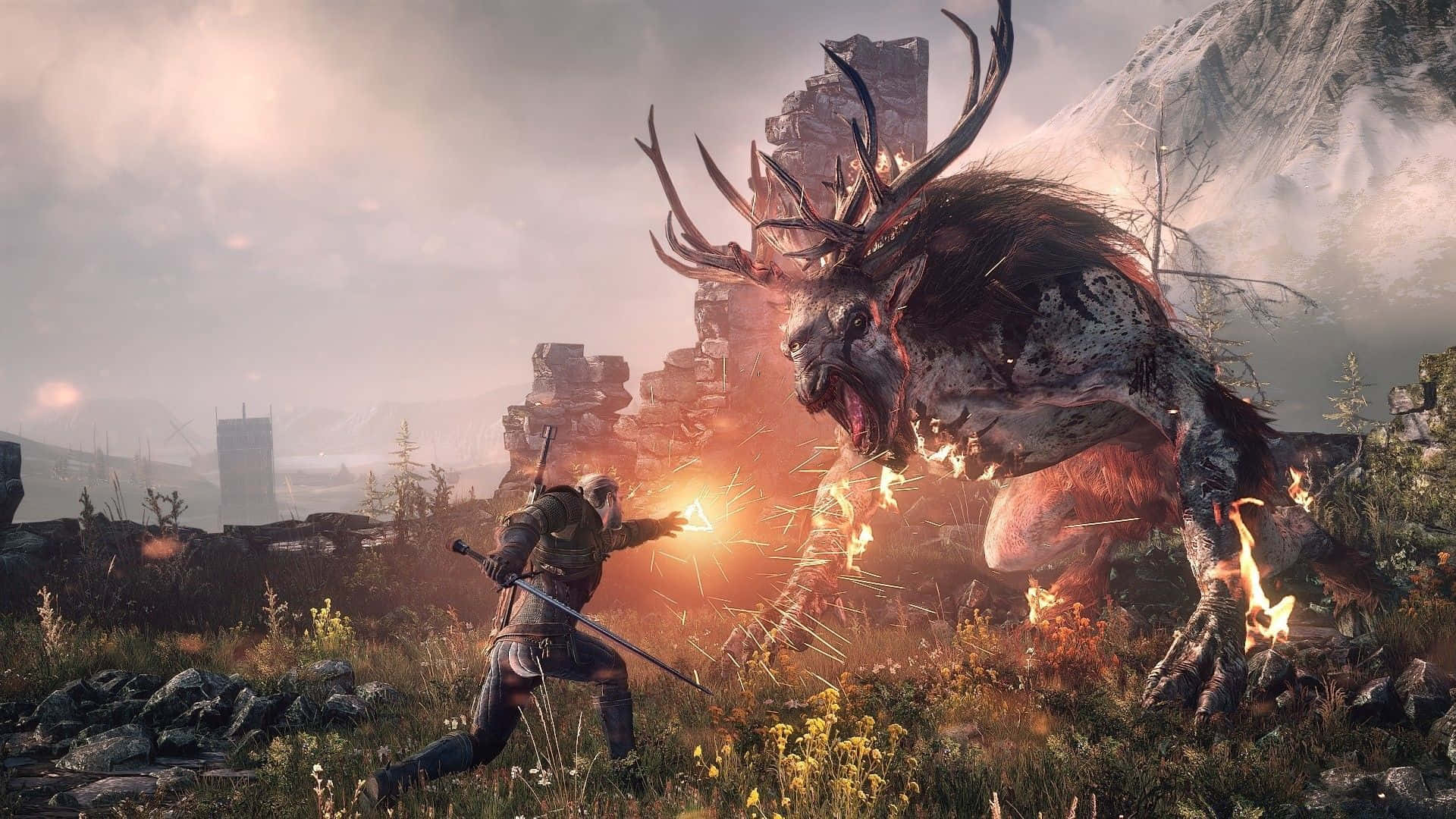 Witcher 3, warrior in armor, massive fiery horned beast, Full HD Desktop Wallpaper