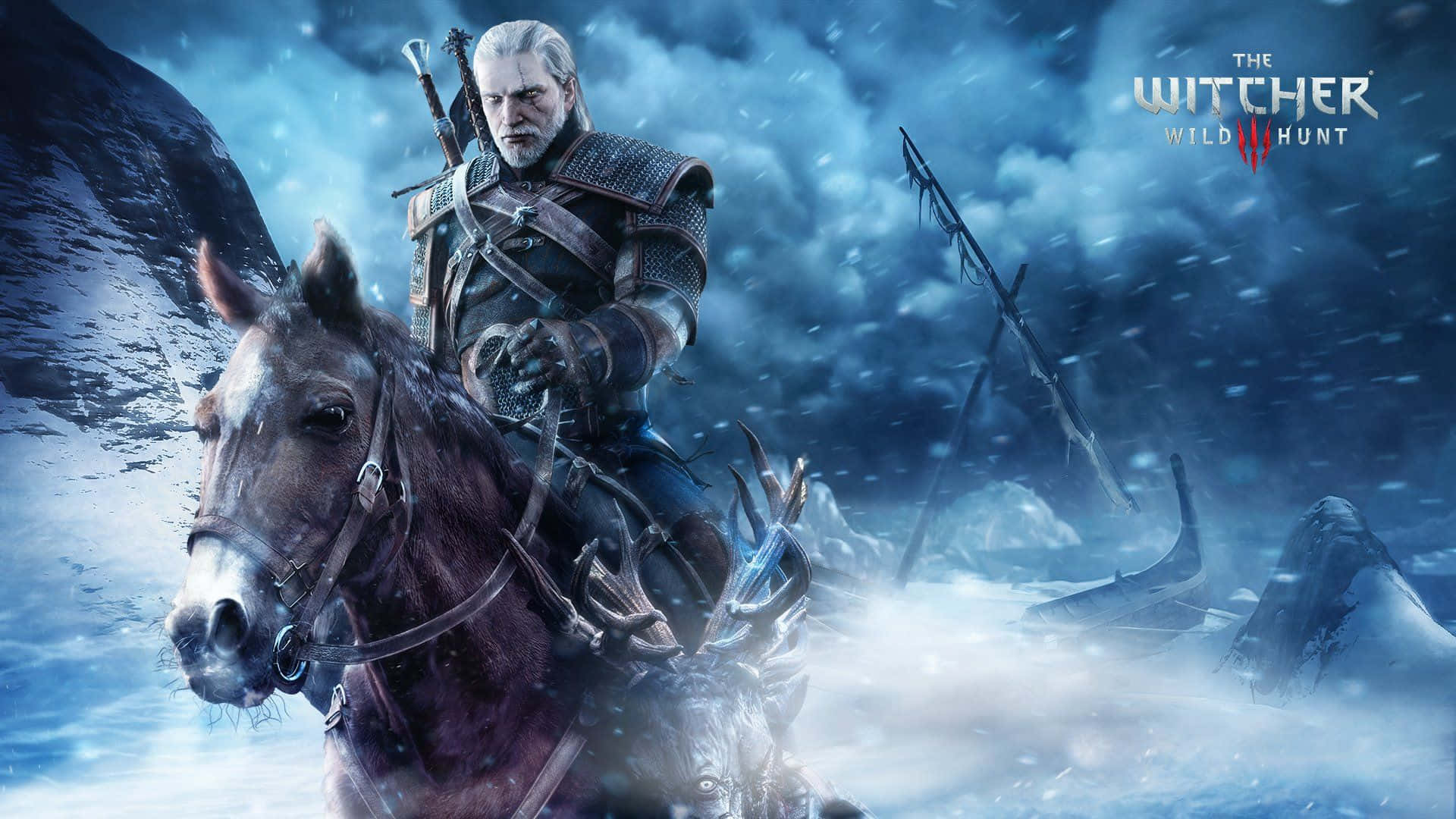 The Witcher 3, white hair, dark horse, Full HD Desktop Wallpaper