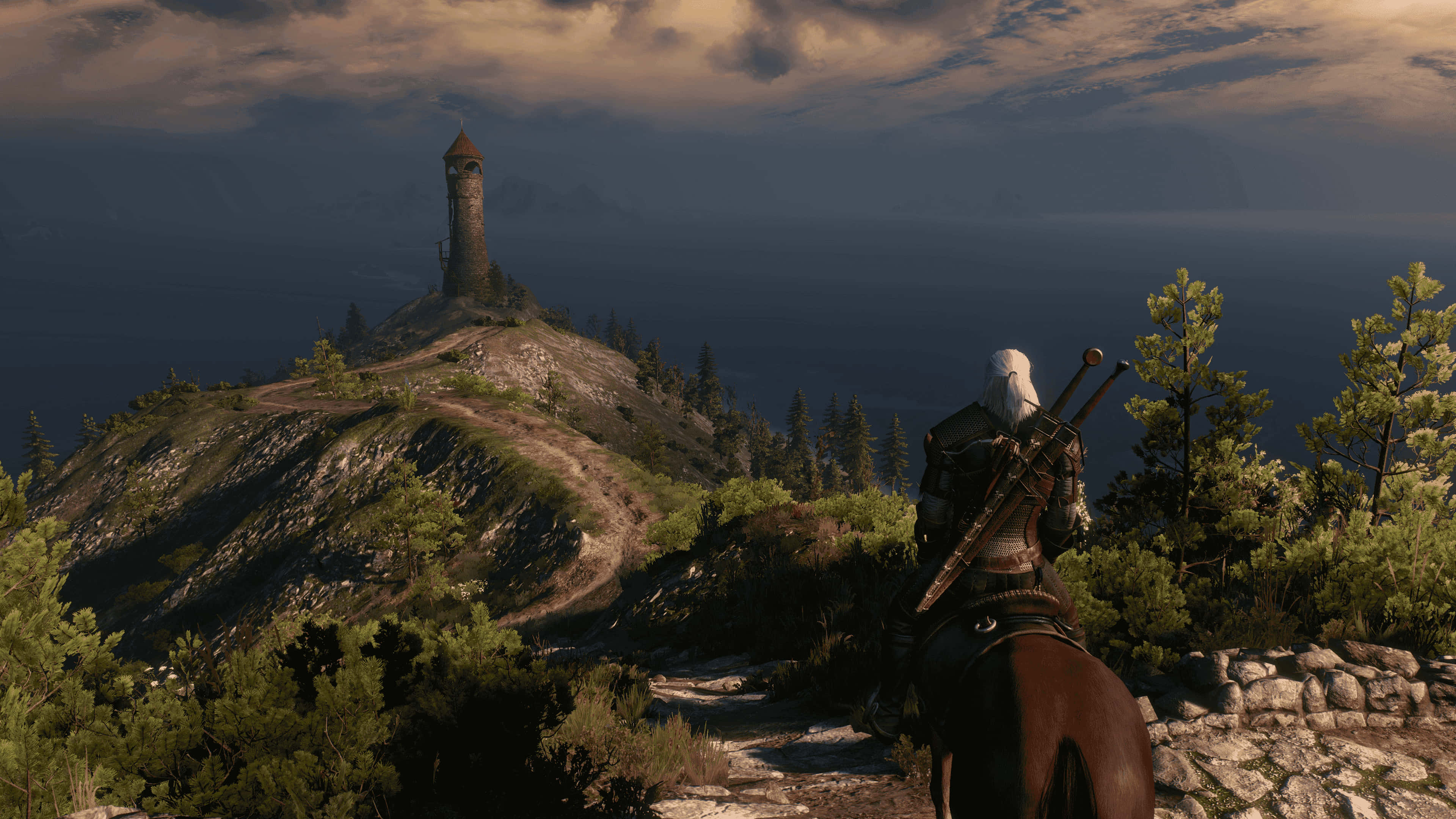Witcher 3, white-haired warrior, stone tower, 4K Desktop Wallpaper