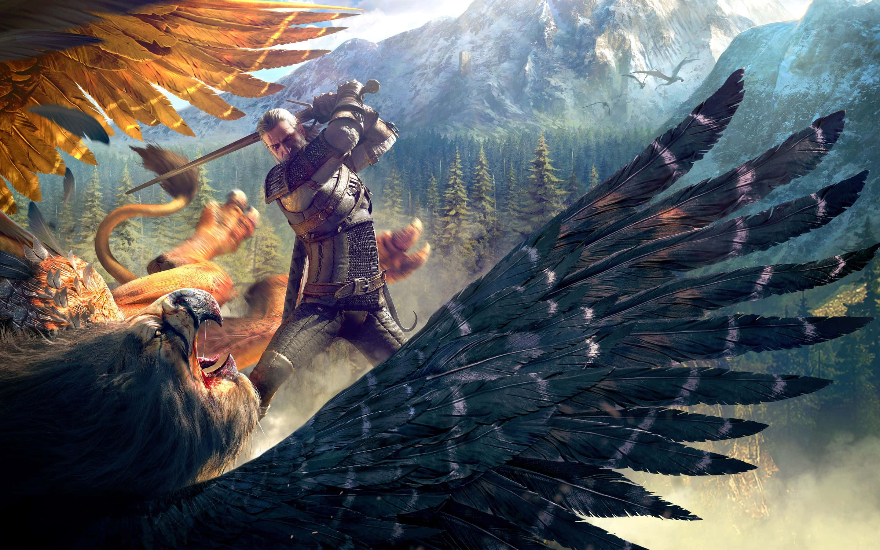 Witcher 3, warrior with massive wings, roaring lion, 2K Desktop Wallpaper