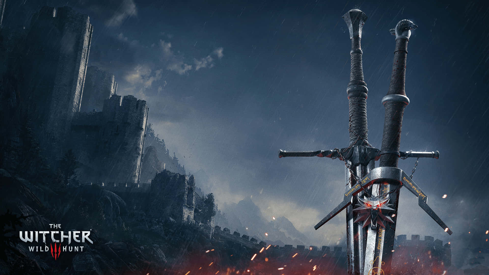 Witcher 3, ornate swords, dark castle silhouette, Full HD Desktop Wallpaper
