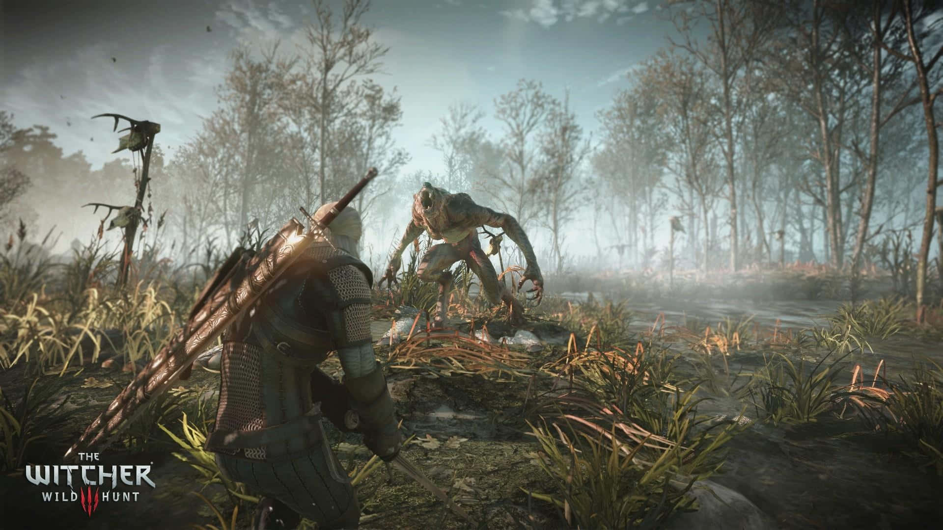 Witcher 3, warrior in armor, monstrous creature, Full HD Desktop Wallpaper