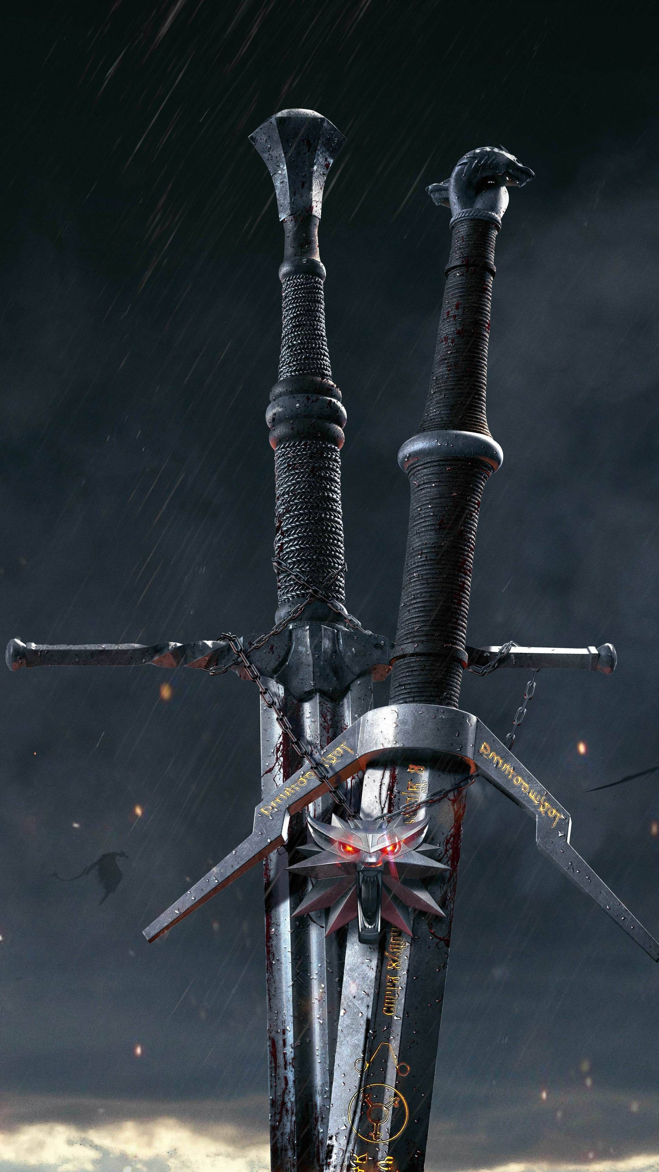 Witcher 3, steel sword, silver sword, 4K Phone Wallpaper
