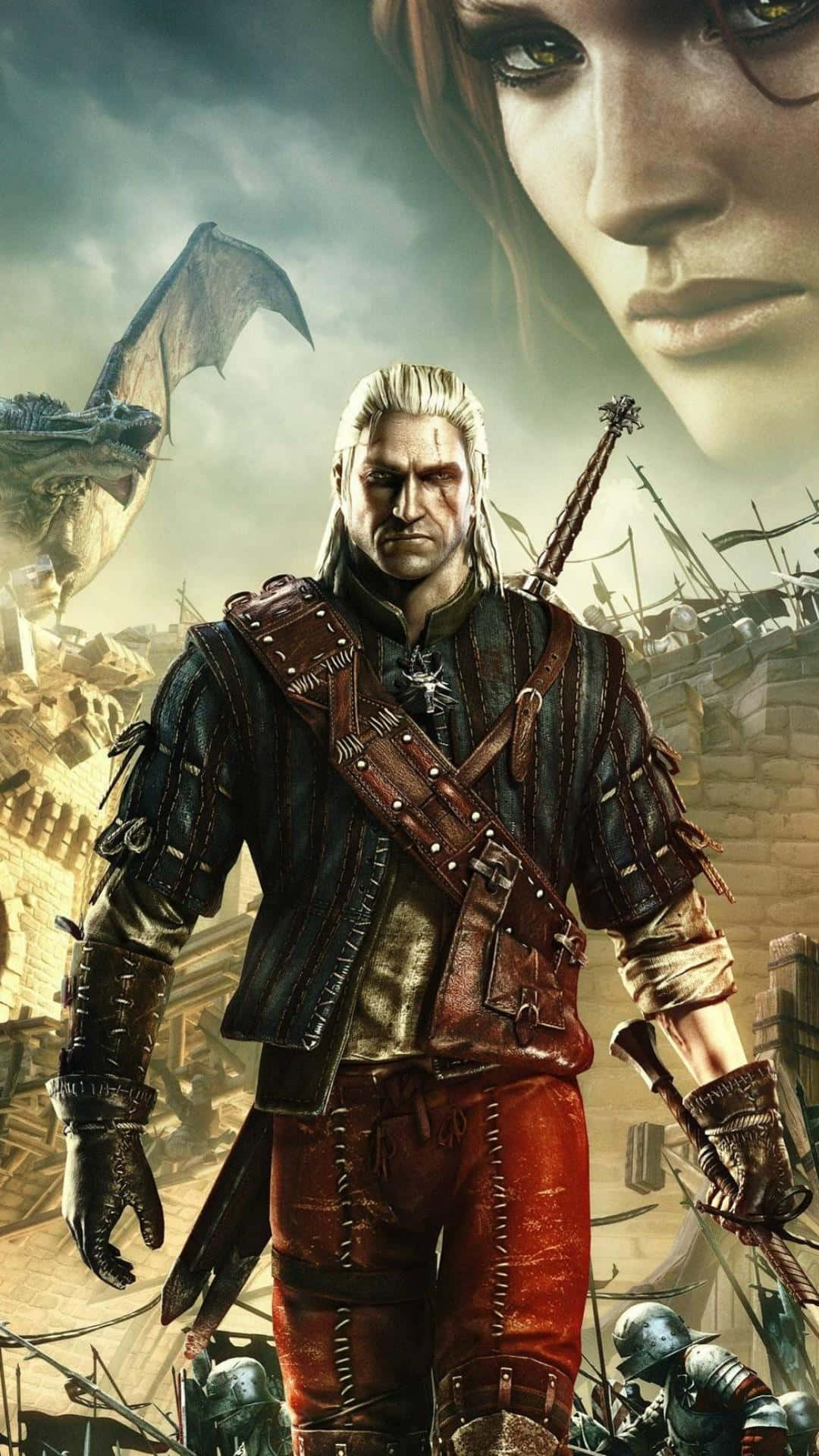 Witcher 3 Phone, grim warrior with white hair, dragon soars, Full HD Phone Wallpaper