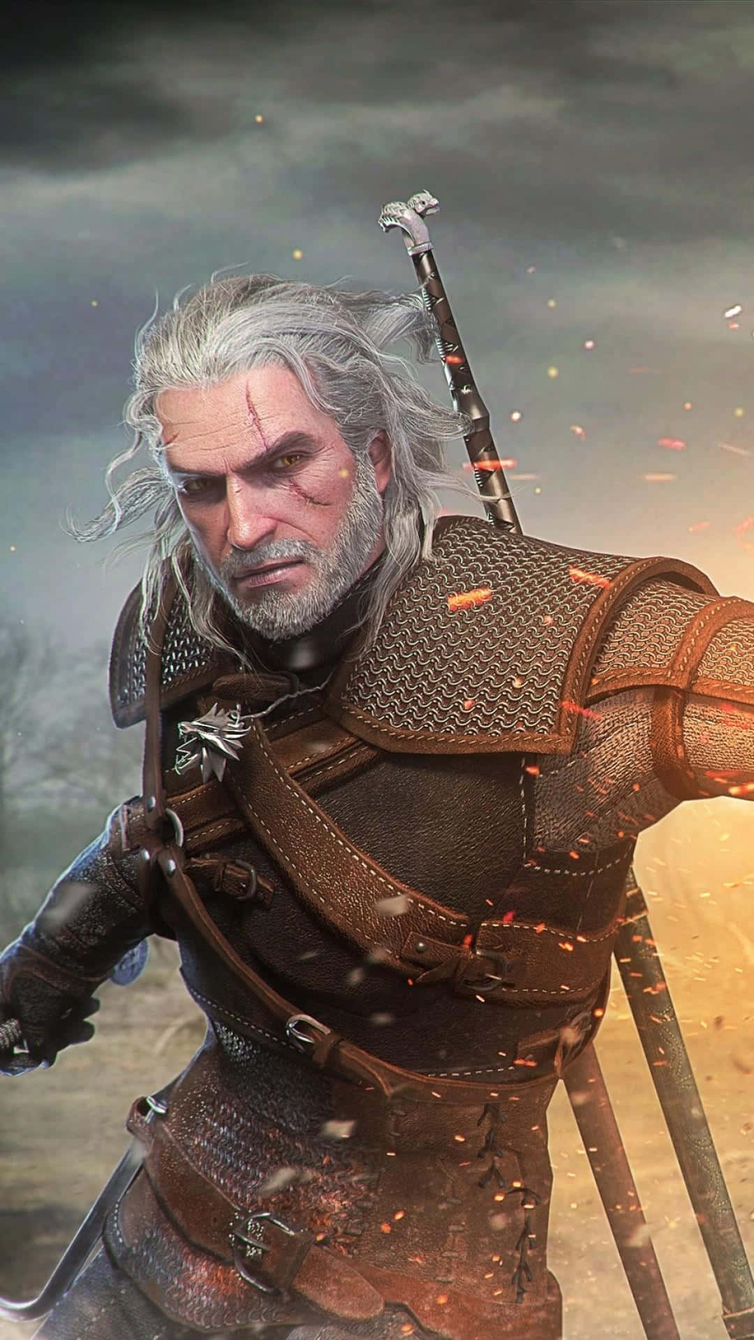 Witcher 3 Phone, white-haired warrior, leather armor, Full HD Phone Wallpaper