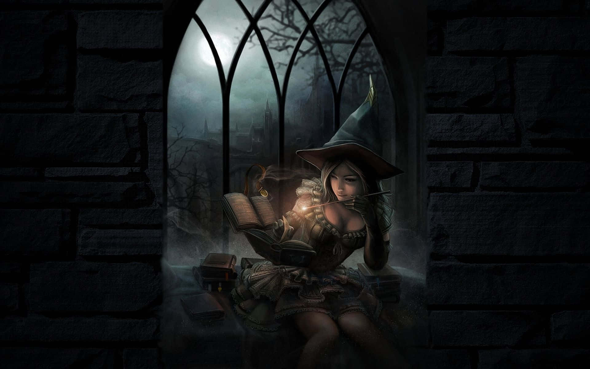 Witcher, pointed hat, glowing book, Full HD Desktop Wallpaper