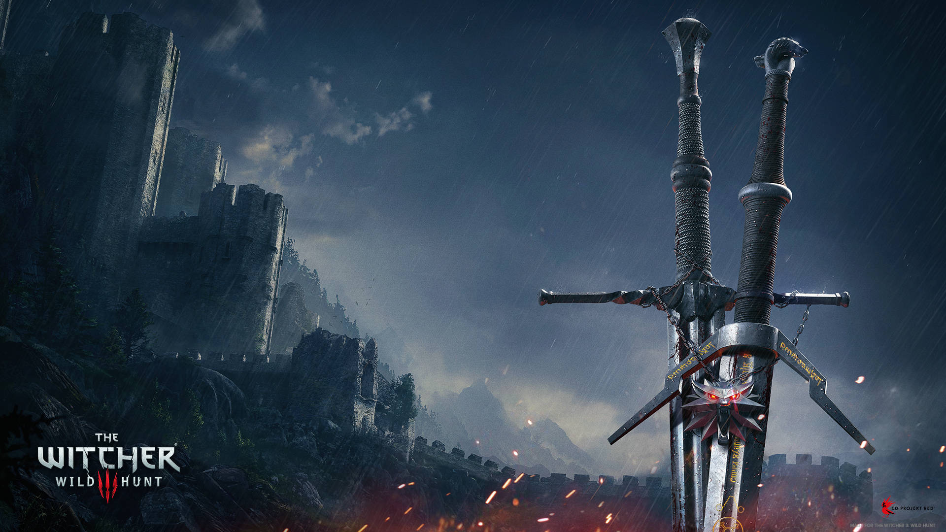 Witcher 3, swords with medallion, glowing red runes, Full HD Desktop Wallpaper